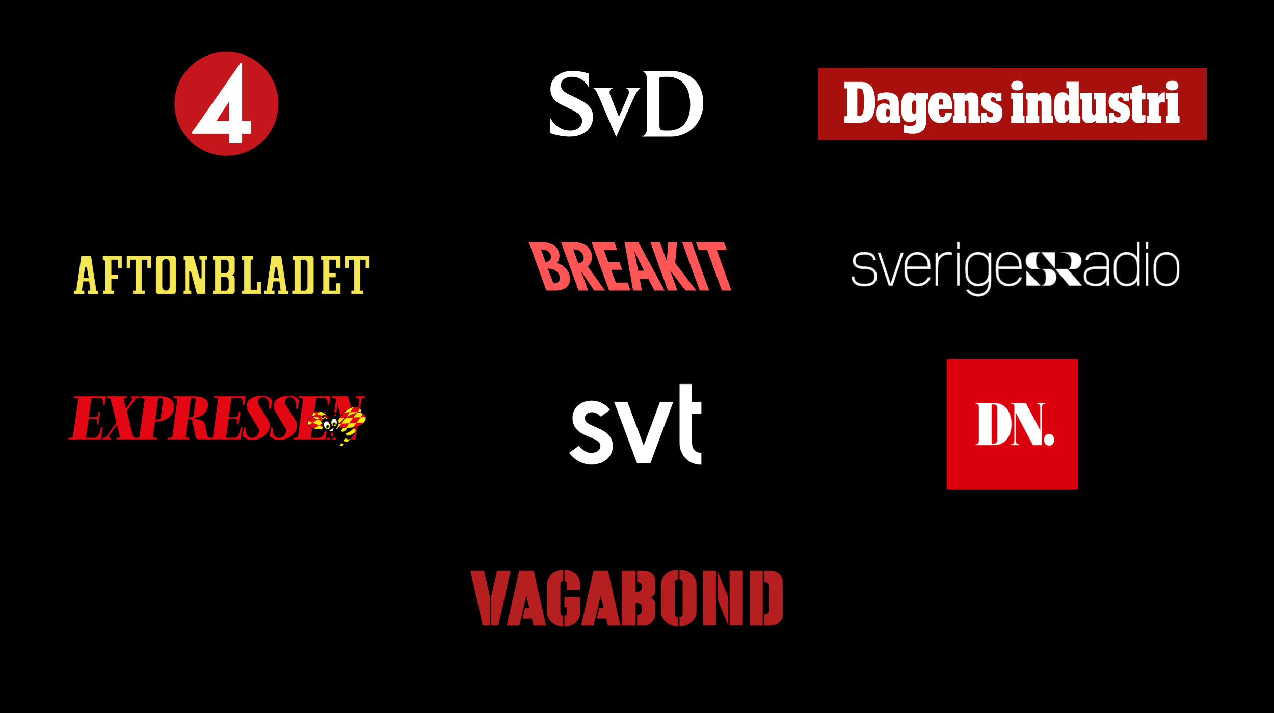 Collage of Swedish newspaper logos including Aftonbladet, Expressen, Dagens industri, SvD, Breakit, Sveriges Radio, SvT, DN, and VAGABOND on black background.