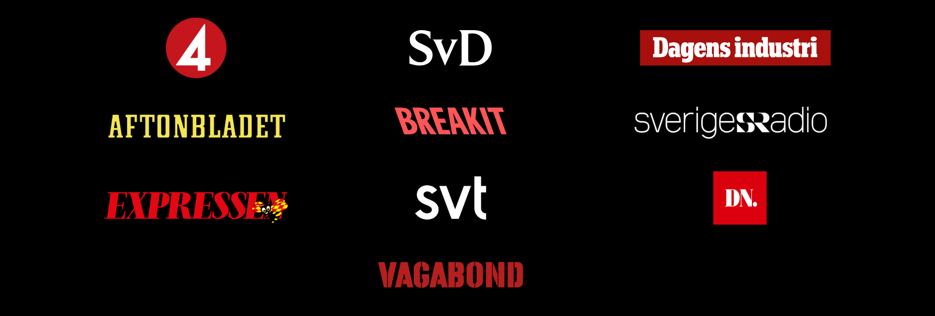 A collage of logos from Swedish newspapers and media outlets, including Aftonbladet, Dagens Industri, SvD, Breakit, Sveriges Radio, Expressen, SVT, DN, and Vagabond, arranged on a black background.