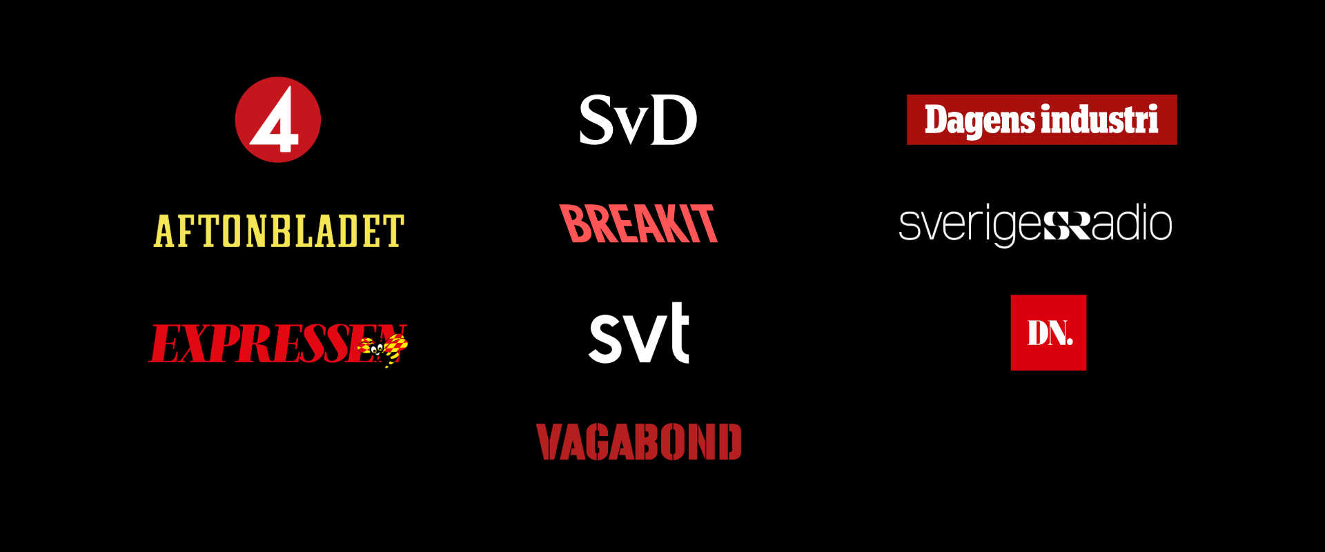 A collage of Swedish news outlet logos including 4, SvD, Dagens industri, Aftonbladet, Breakit, Sveriges radio, Expressen, SVT, DN, and VZ.
