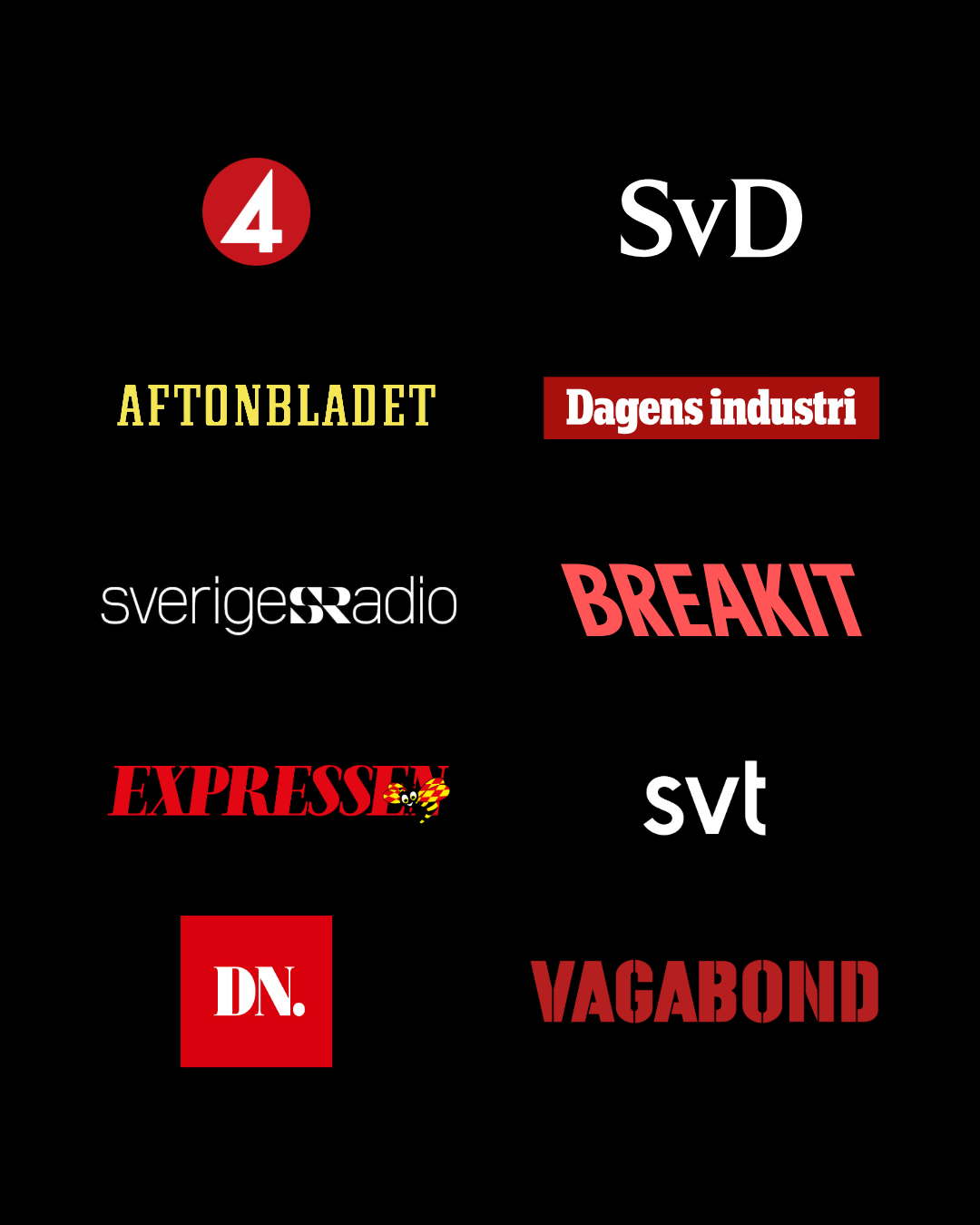 A collage of Swedish media logos on a black background, including TV4, SvD, Aftonbladet, Dagens industri, Sveriges Radio, Breakit, Expressen, SVT, Dn, and Vagarond.
