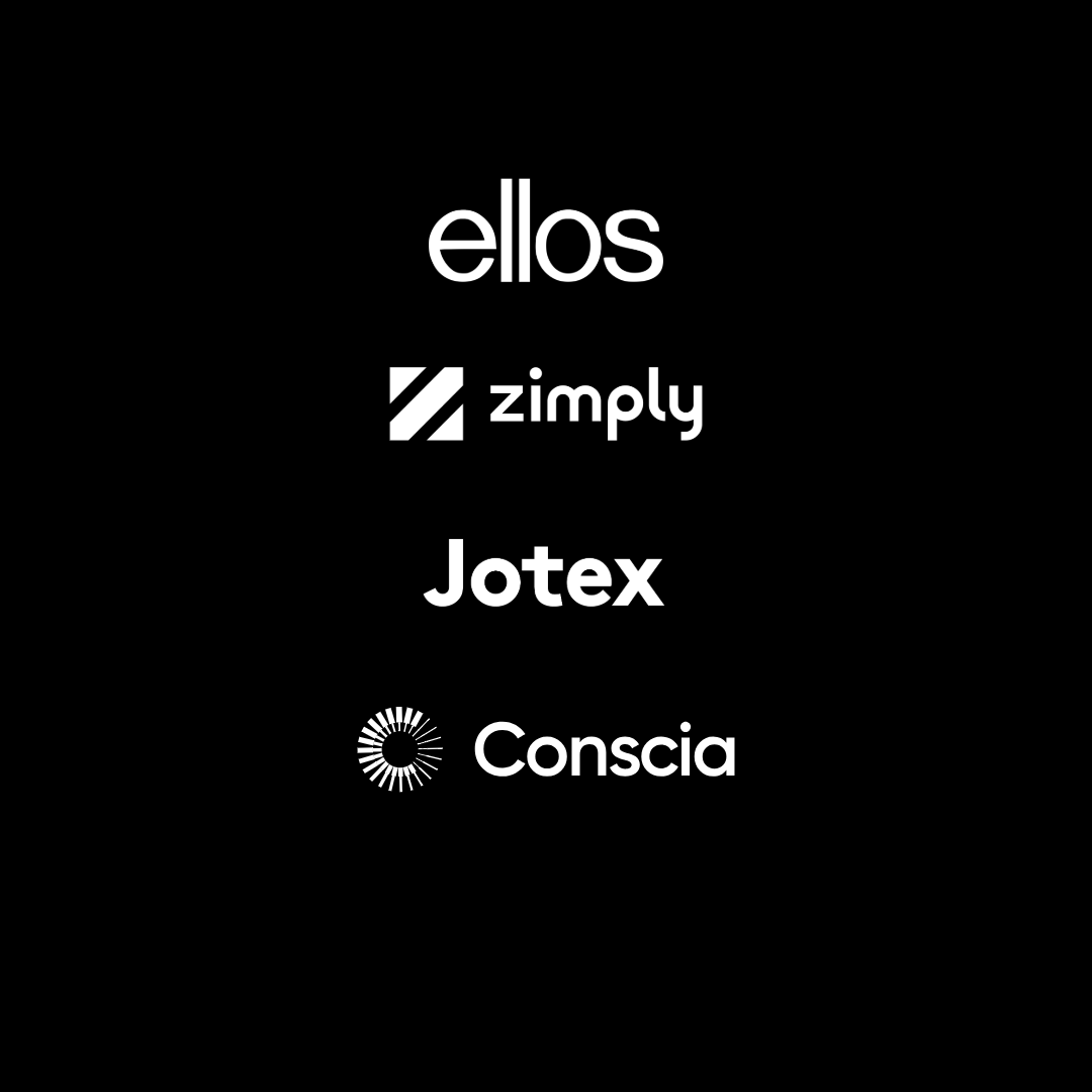 Black background with white text displaying logos and names of Ellos, Simply, Jotex, and Conscia.