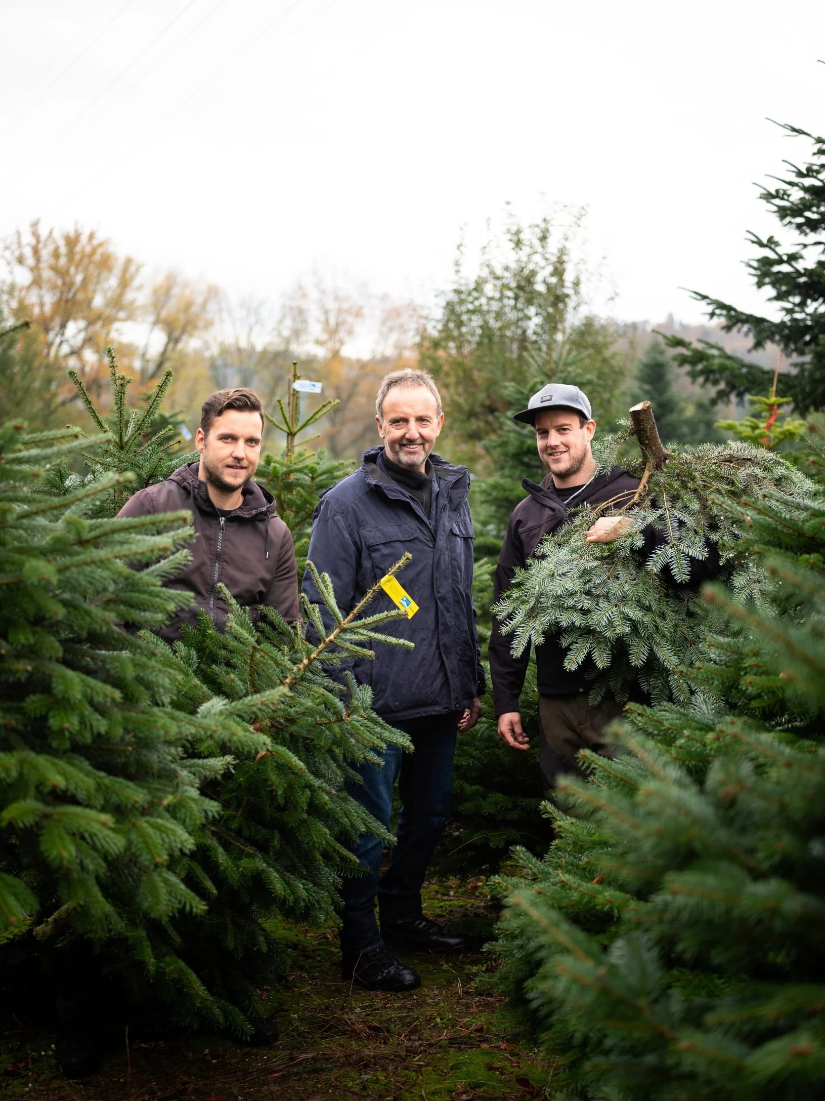 Drei Männer stehen zwischen Weihnachtsbäumen im Freien, von Keller Weihnachtsbäume GmbH