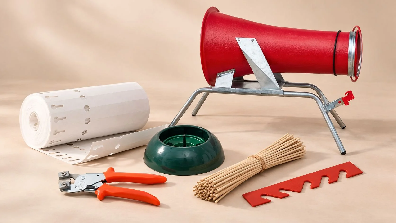 Ein Requisiten-Set mit einem roten Kegel, einem weißen Netz mit Löchern, einem grünen Futter, einem Bündel Holzspieße, einem roten Werkzeug und einem roten Klemmraster.