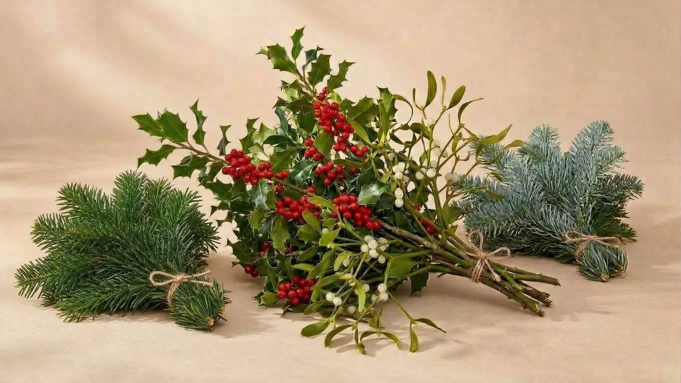 Weihnachtsdekoration mit Tannen-, Eibe- und weiteren immergrünen Zweigen, sowie Beeren und weißen Beeren, auf einem Holztisch. 
