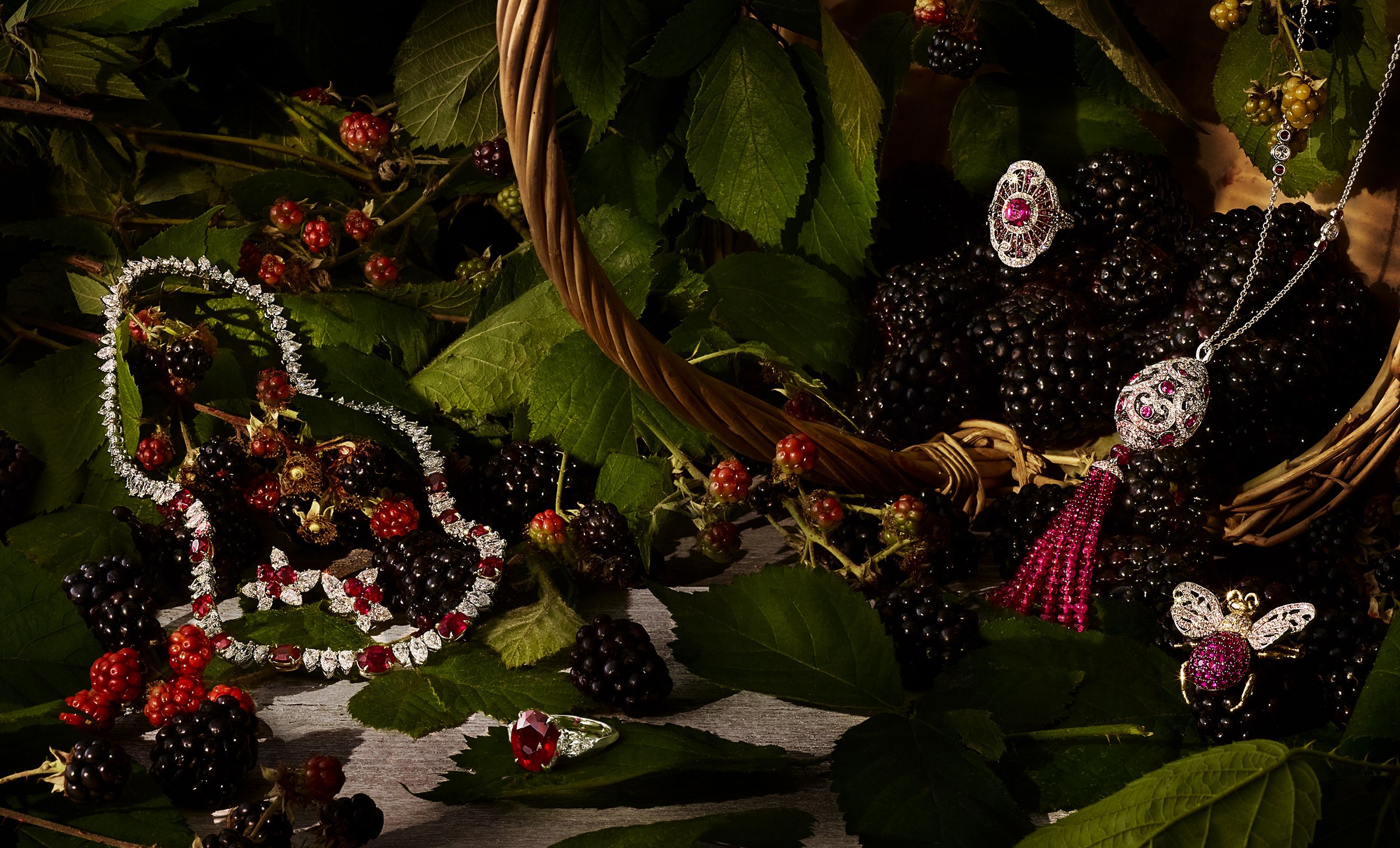 Still Life photograph by photographer Paul Zak of designer Jewellery and Autumn fruits for Country Life Magazine.