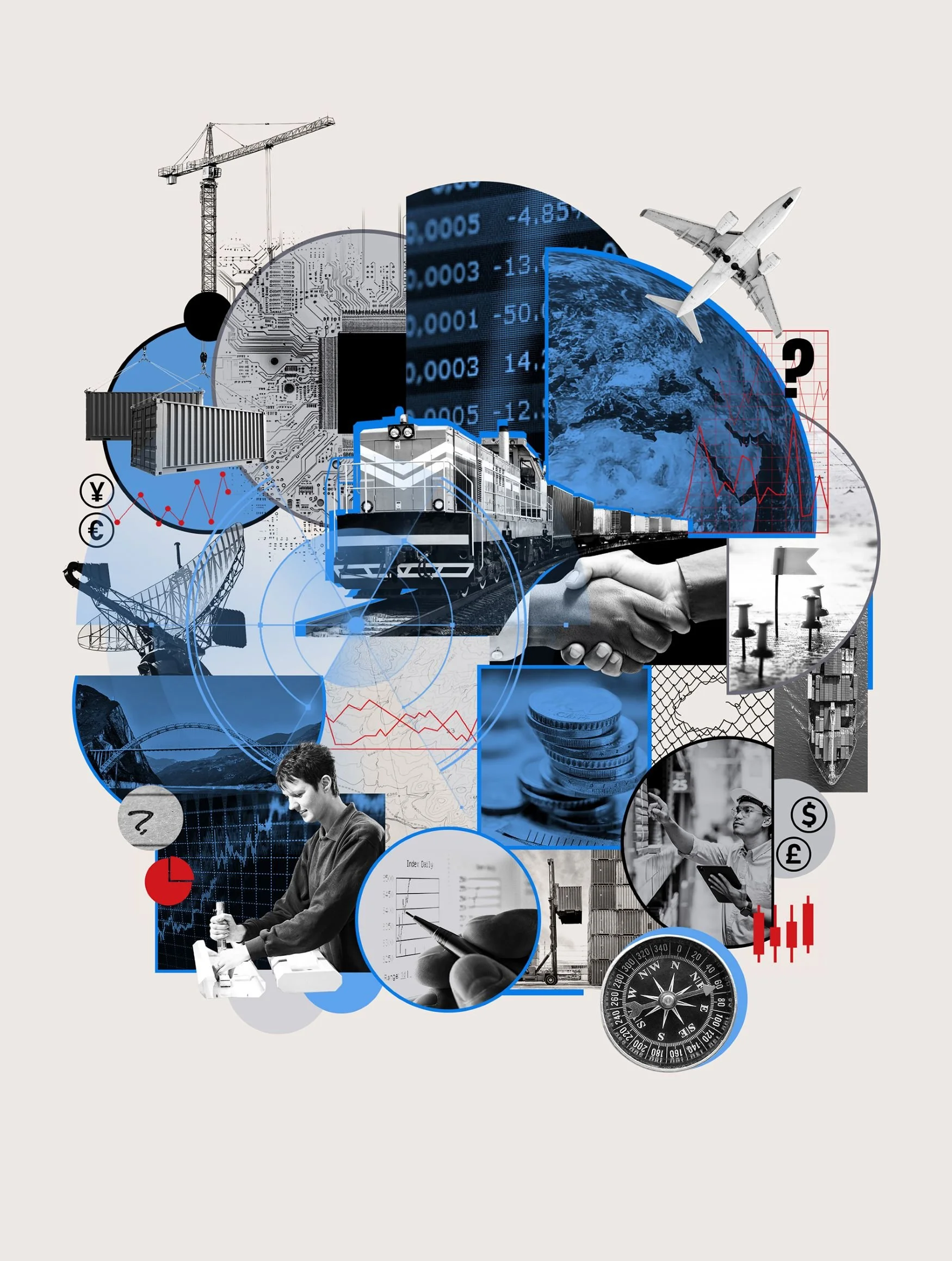 Cover collage illustration by artists Gibson Kochanek commissioned for a report for Savills, exploring the how shifting geopolitical dynamics are reshaping the real estate landscape worldwide.