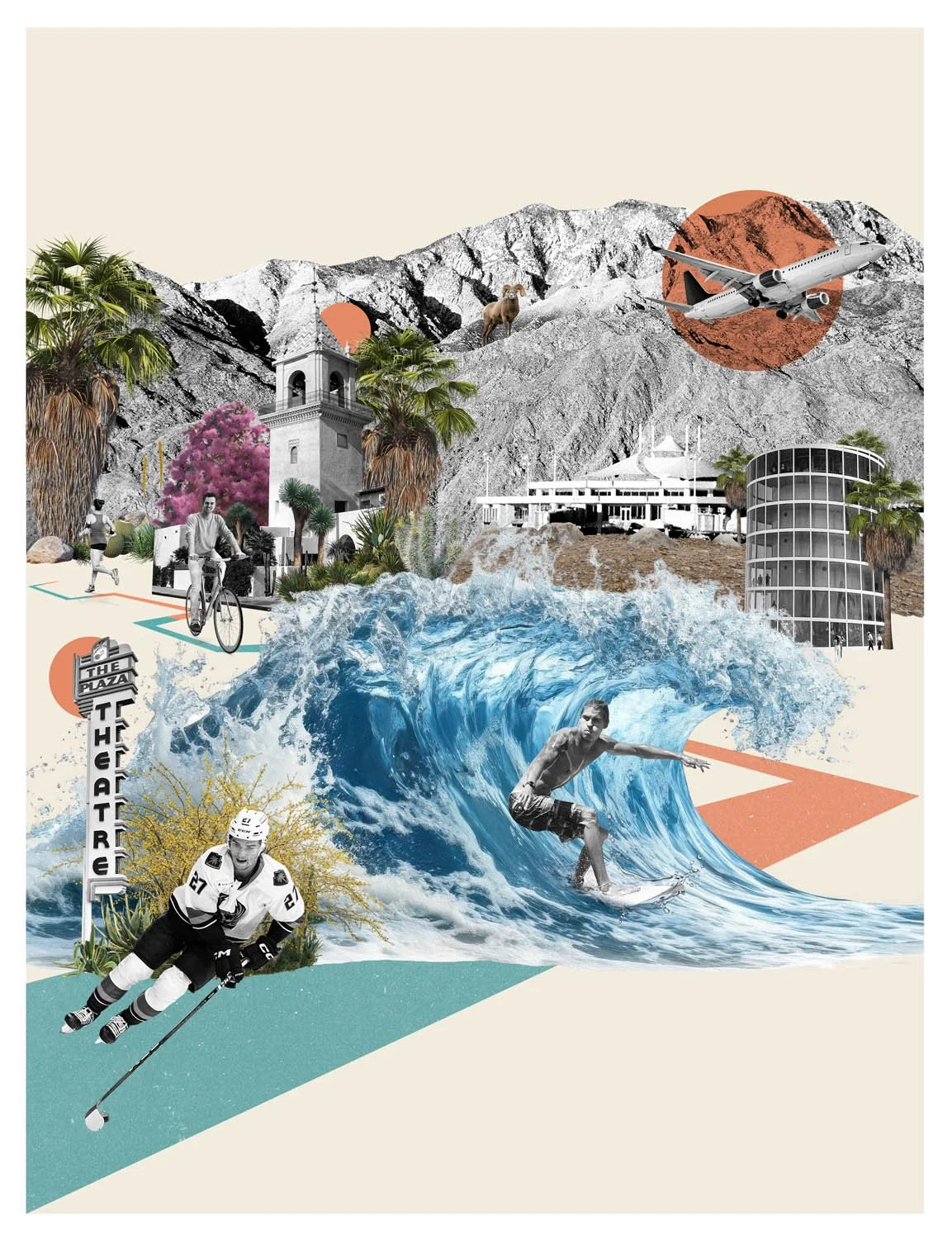 Cover collage illustration by artists Gibson Kochanek commissioned by Vision Magazine, Palm Springs for an article, 'An Oasis of Innovation.