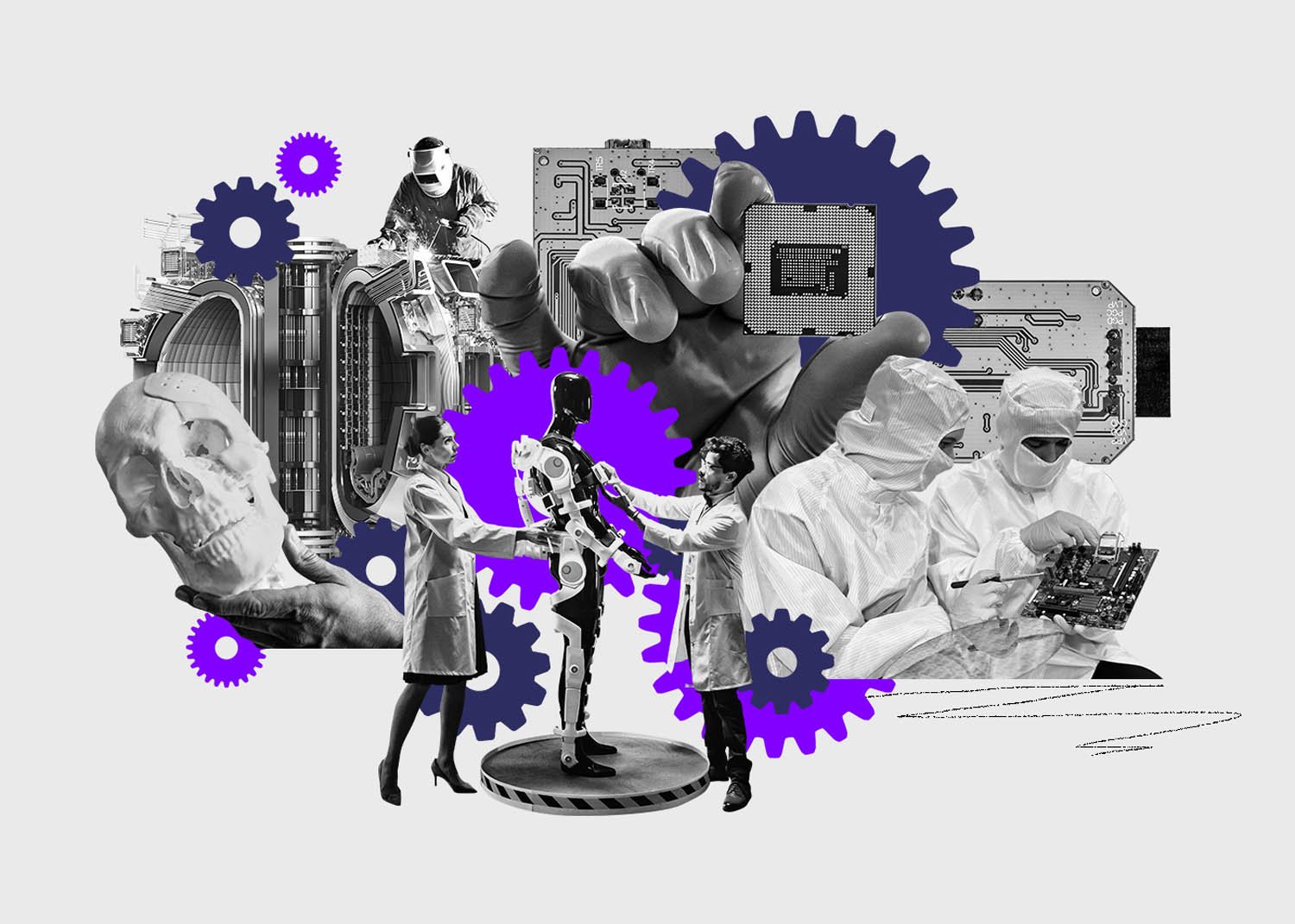 Collage illustration by artists Gibson Kochanek commissioned by UK Research and Innovation for an article reflecting on the difficult choices behind the future of UK research and innovation.