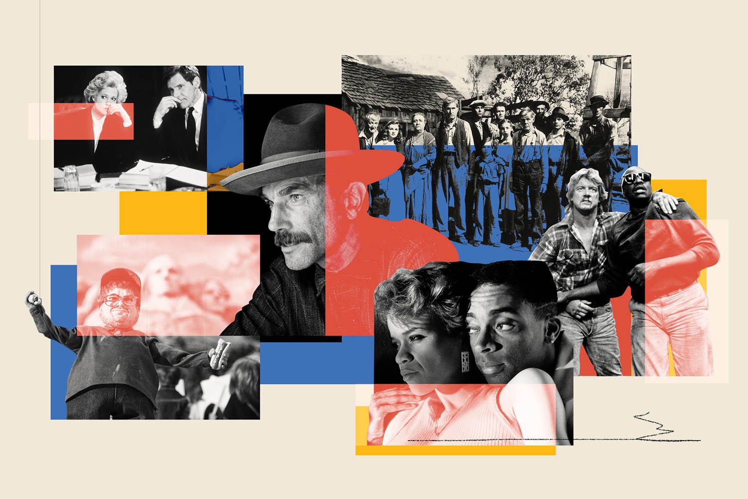 Collage illustration by artists Gibson Kochanek commissioned by the LA Times to celebrate the 250th anniversary of the United States, exploring American identity through film.