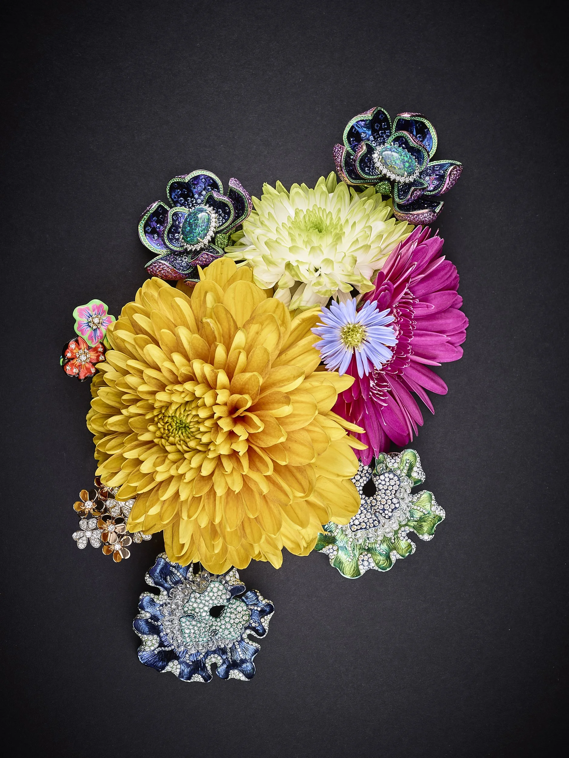 Still Life photograph by photographer Paul Zak of flowers and jewellery for Telegraph Luxury magazine, including Cartier, Dior, Van Cleef Arpels.