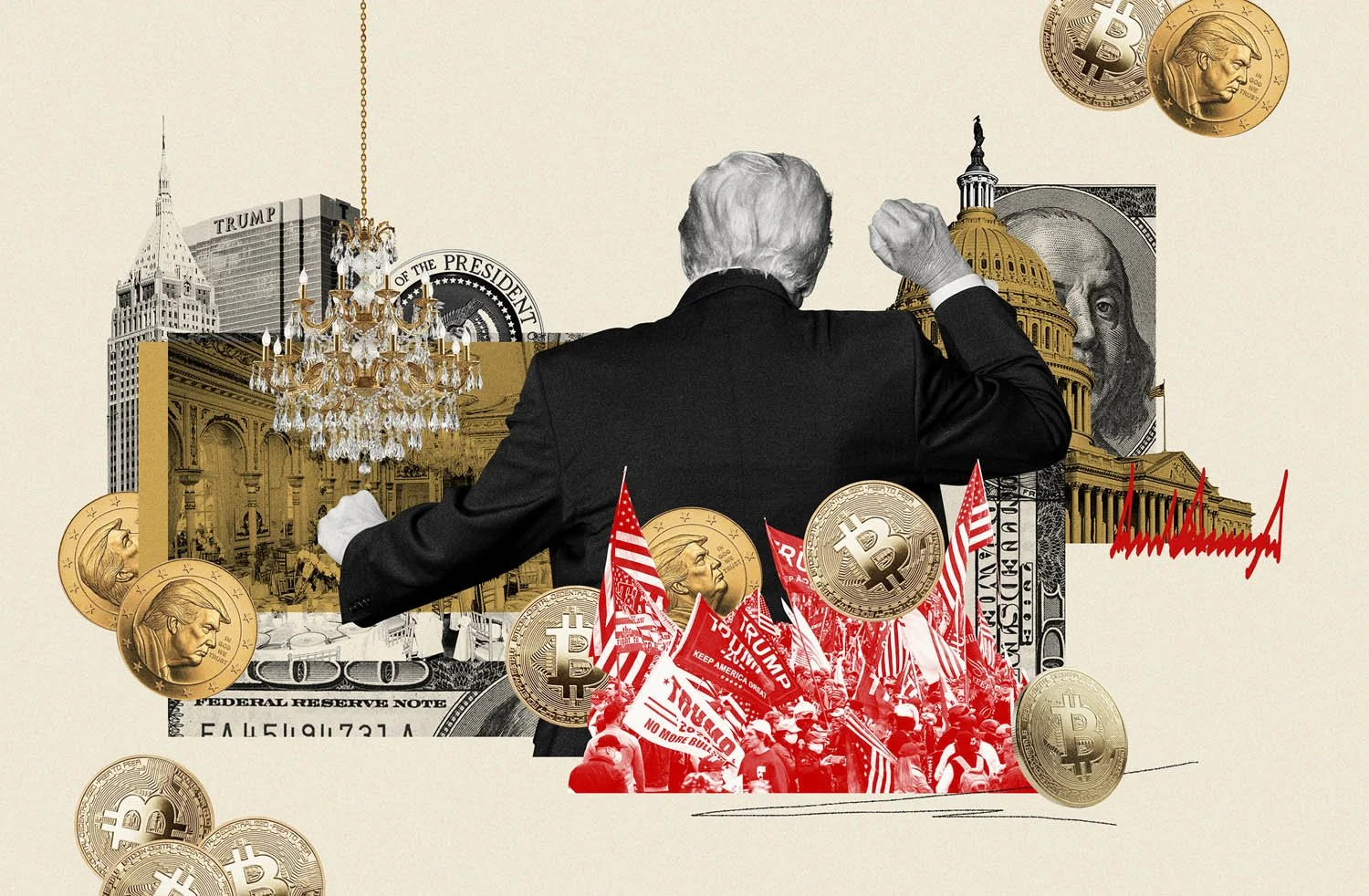 Collage illustration by artists Gibson Kochanek commissioned for the weekend edition of The Financial Times, accompanying the article "What history tells us about Trumps self enrichment'.