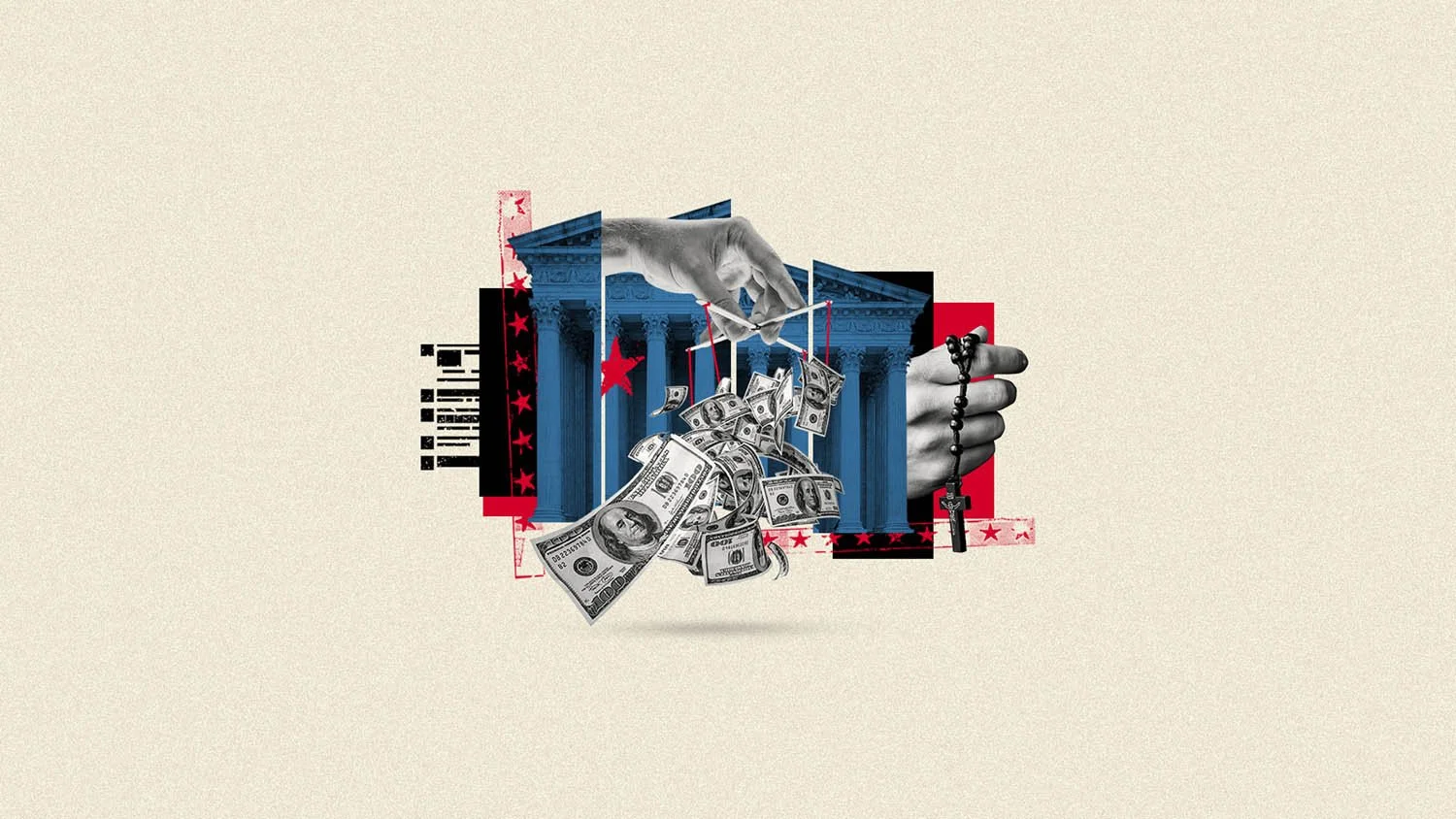 Collage illustration by artists Gibson Kochanek commissioned by Documented.net, an investigative watchdog, committed to holding the powerful interests that undermine democracy accountable.