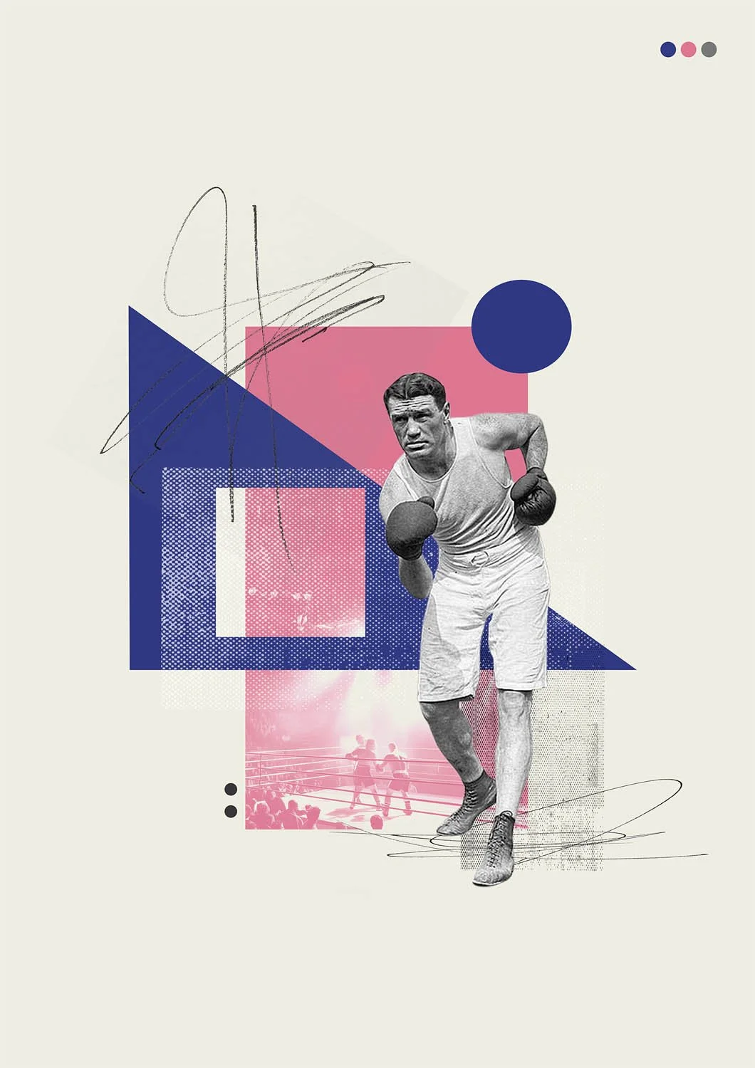 Collage illustration by artists Gibson Kochanek, personal work called 'Echos of the Ring' looking at boxing in the past and present.