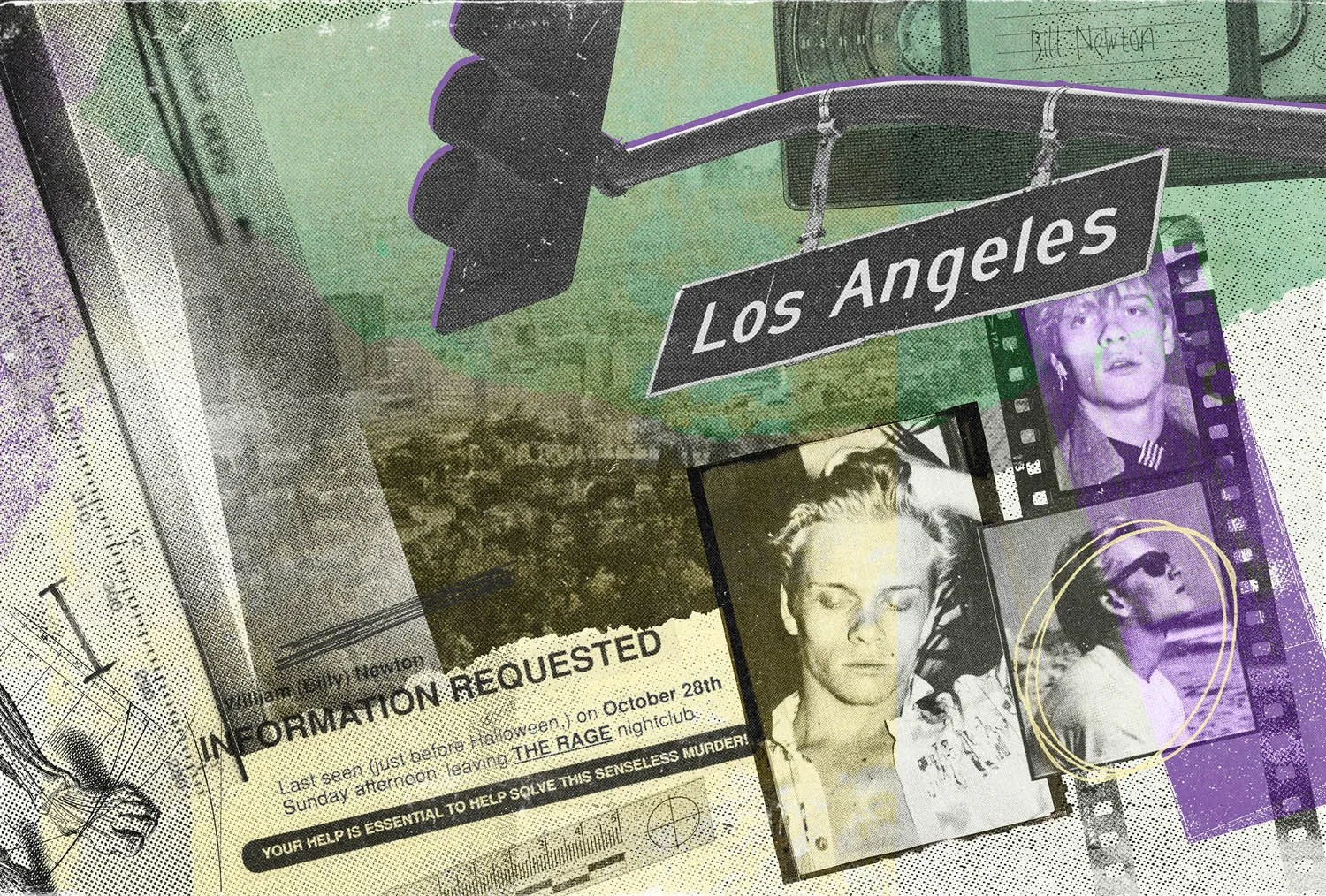 Collage illustration by artists Gibson Kochanek commissioned by Stern Crime for an article about the unsolved murder of Bill Newton in LA in 1990.