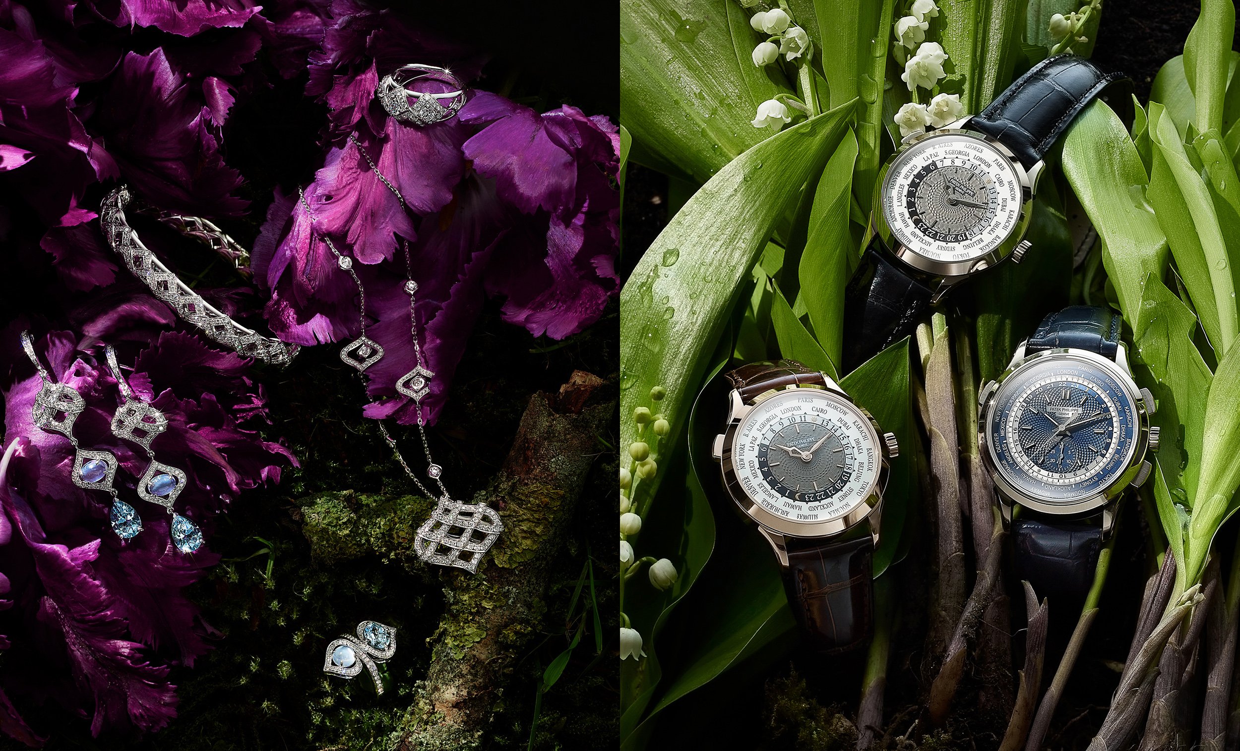 Still Life photograph by photographer Paul Zak of designer jewellery and watches for Country Life magazine, themes of green and purple in nature.