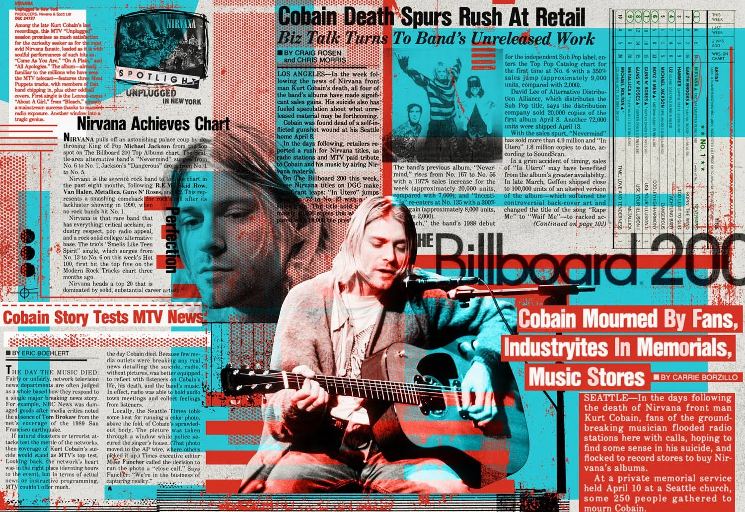 Collage illustration by artists Gibson Kochanek commissioned for Billboard Magazine article on Kurt Cobain.