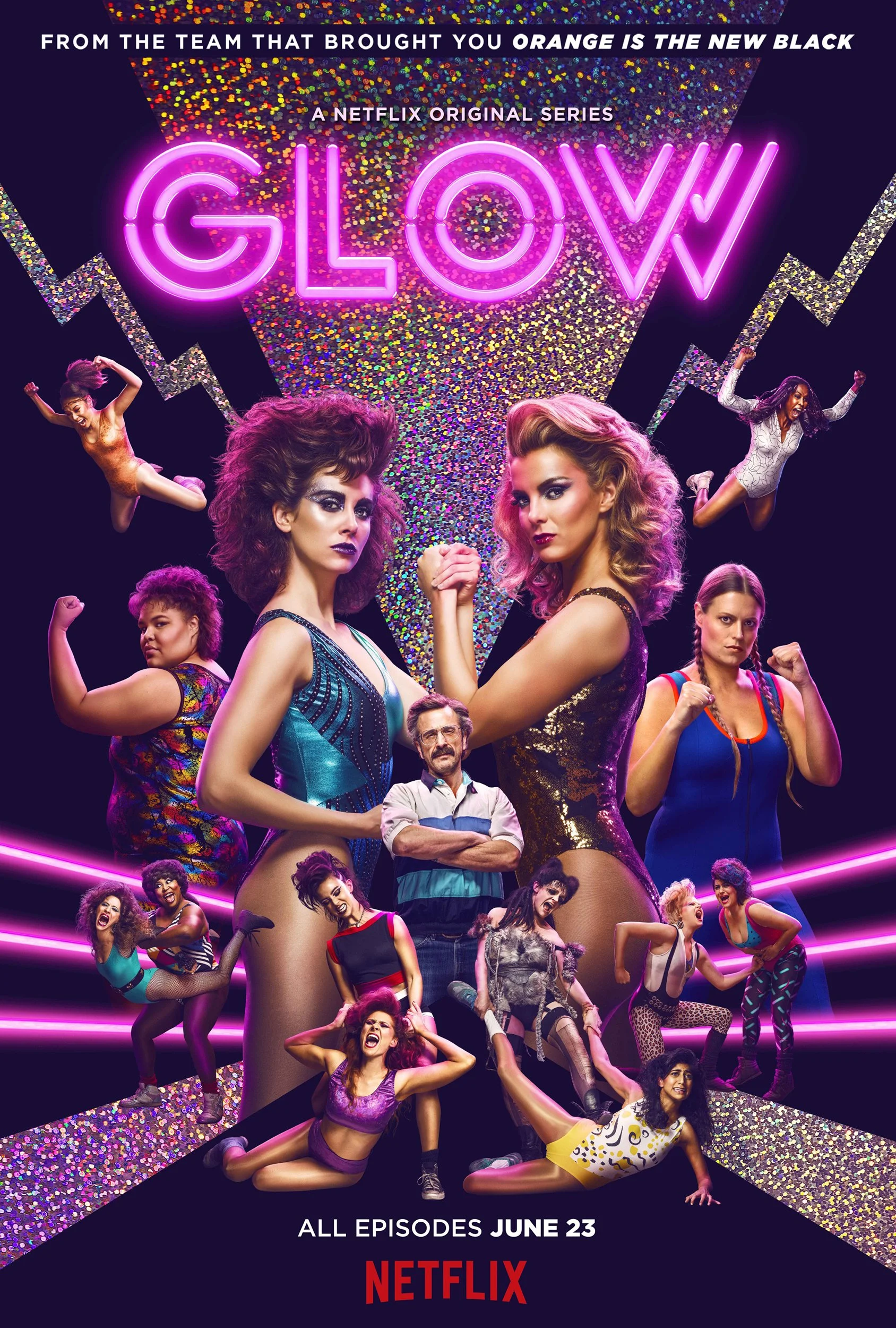 Key Art Poster Photographed by Matthias Clamer for Netflix Series, GLOW, Glamorous Ladies of Rock