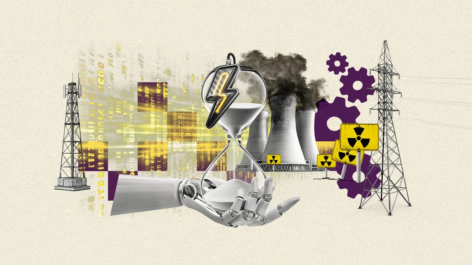 Collage illustration by artists Gibson Kochanek commissioned for Harvard Business Review's feature on 'Tech Companies, Nuclear Power, and the Problem of Strategic Timing'.