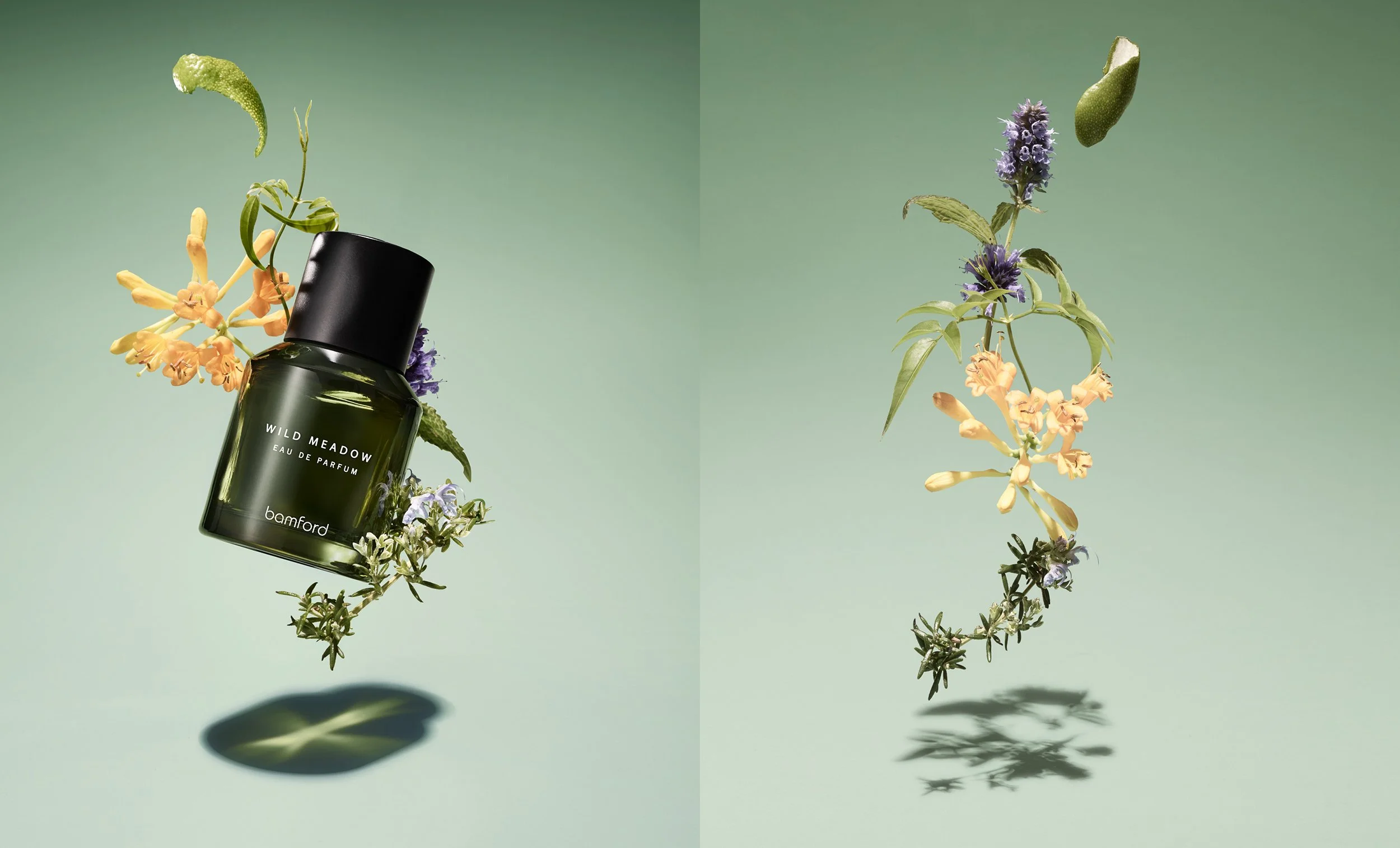 Still Life photograph by photographer Paul Zak of flowers and perfume bottle for an advertising campaign for Bamford fragrances.