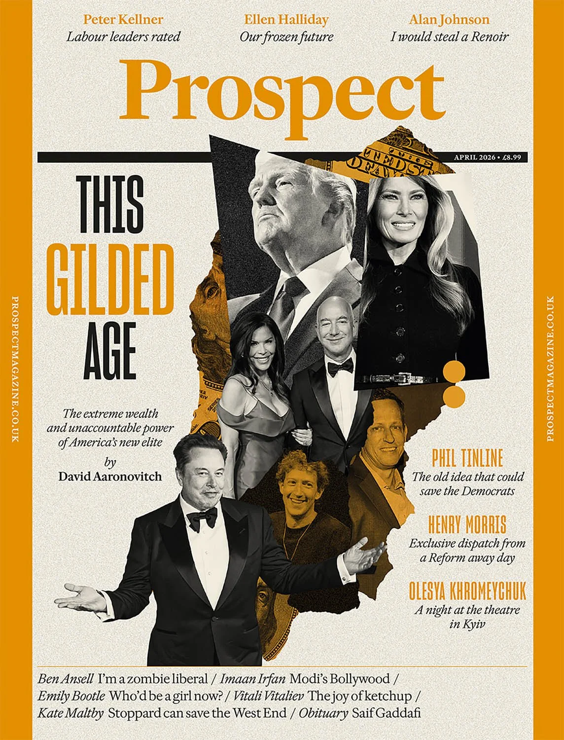 Cover image, collage illustration by artists Gibson Kochanek commissioned for Prospect Magazine article about the extreme weather and unaccountable power of America's new elite.