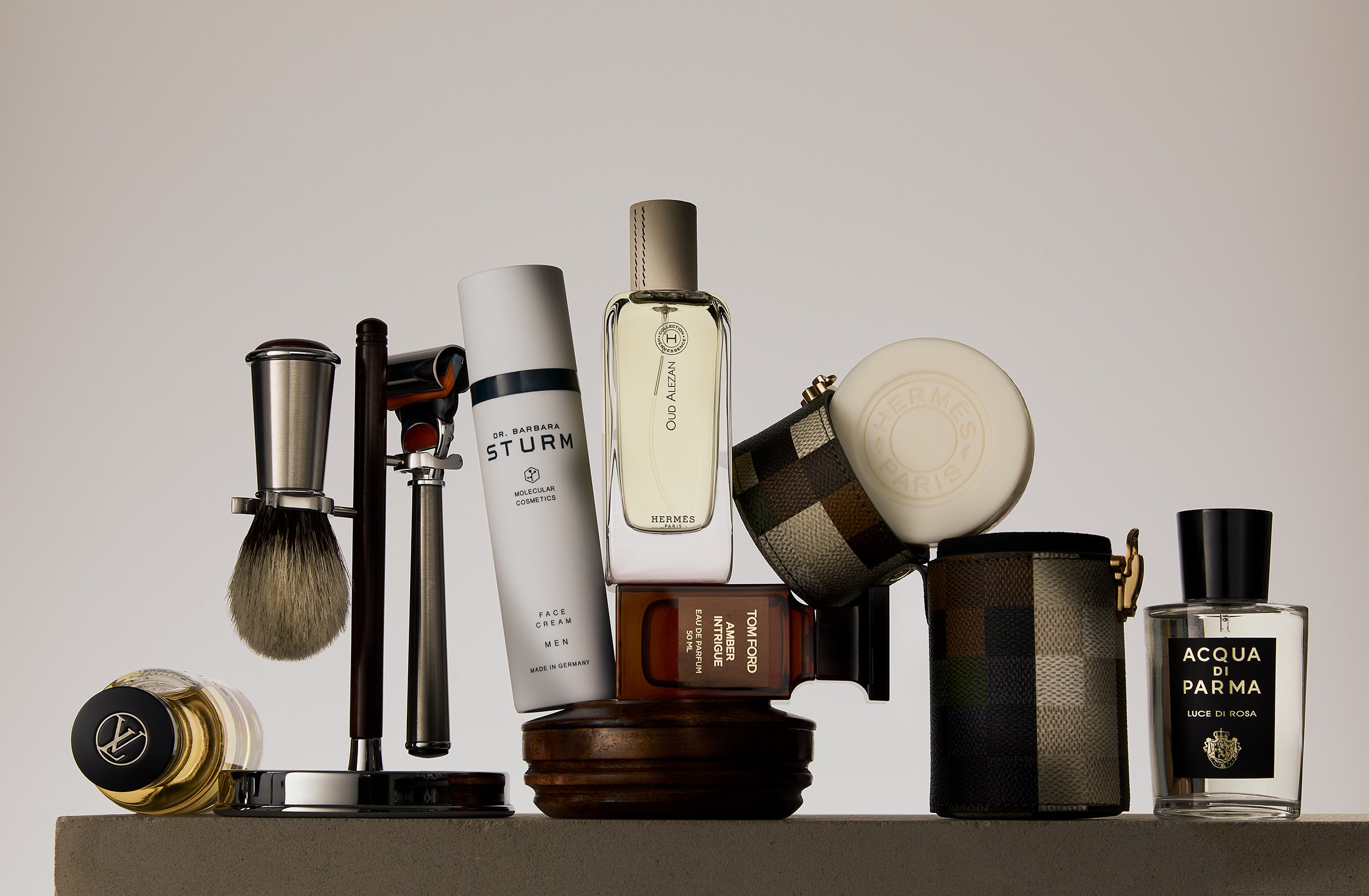 Still Life photograph by photographer Paul Zak of mens designer grooming products for Telegraph Luxury Magazine.