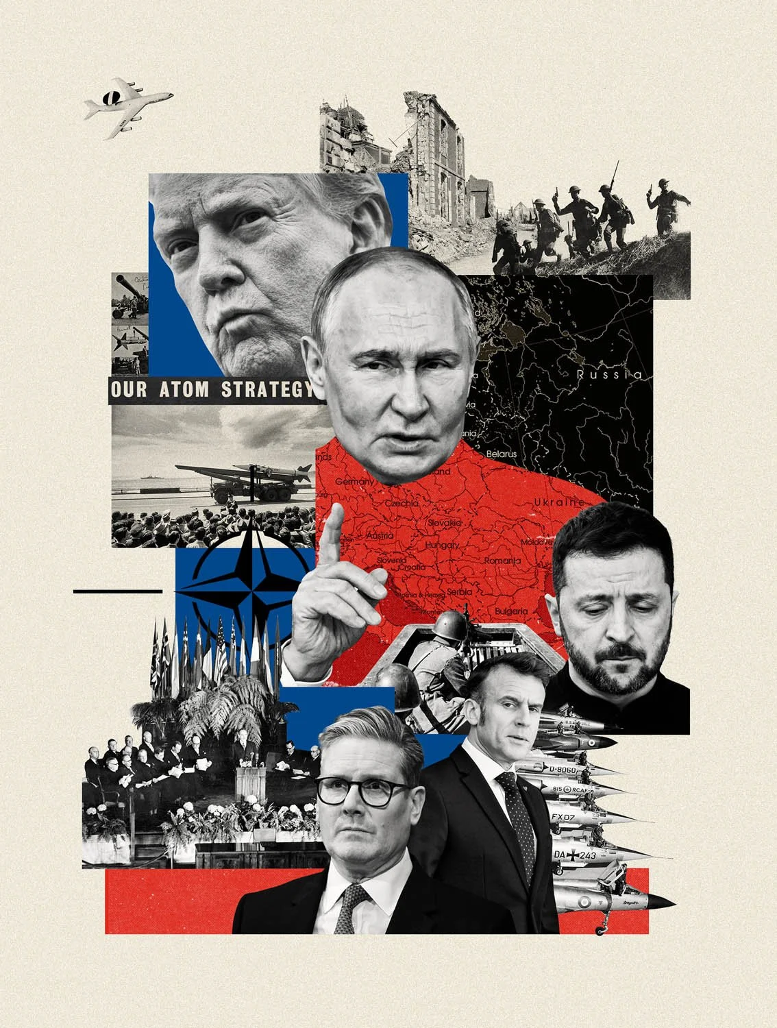 Collage illustration by artists Gibson Kochanek commissioned for The New Statesman article about 'Nato on the brink'.