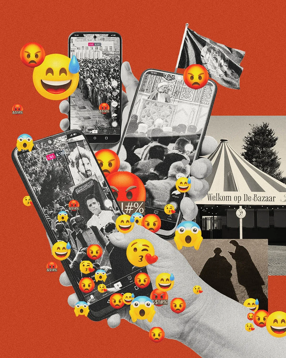 Collage illustration by artists Gibson Kochanek commissioned for Hypen's article exploring how Tik Tok Live shapes conversations, grief and misinformation within the Afghan diaspora in the Netherlands