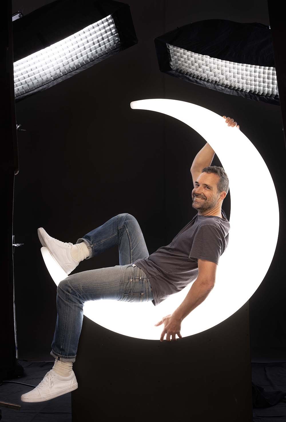 Portrait of Matthias Clamer in the moon from the set of the Key Art Poster Shoot for Hacks