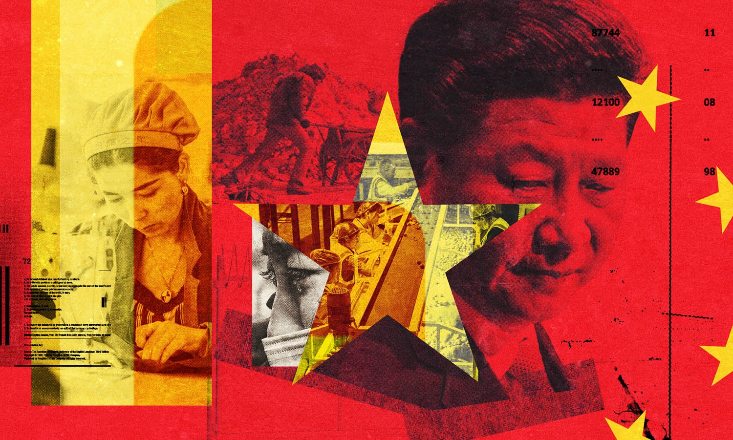 Collage illustration by artists Gibson Kochanek commissioned for The Bureau of Investigation article, 'Made in China', looking at China's hidden forced labour and its impact on the global supply chain.