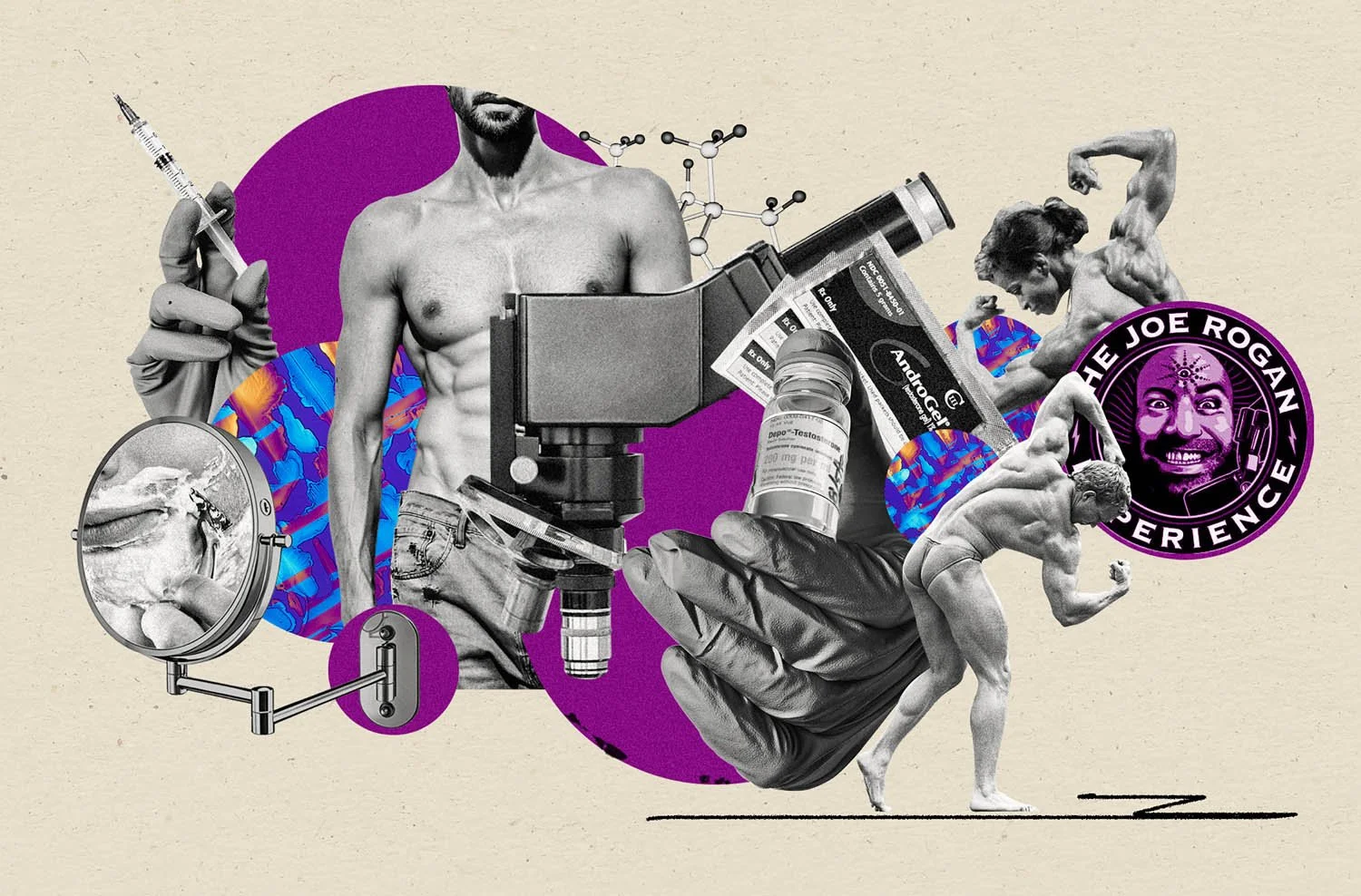 Collage illustration by artists Gibson Kochanek commissioned for Nature the Journal exploring the growing popularity of testosterone therapy, increasingly a symbol of performance, youth and control.