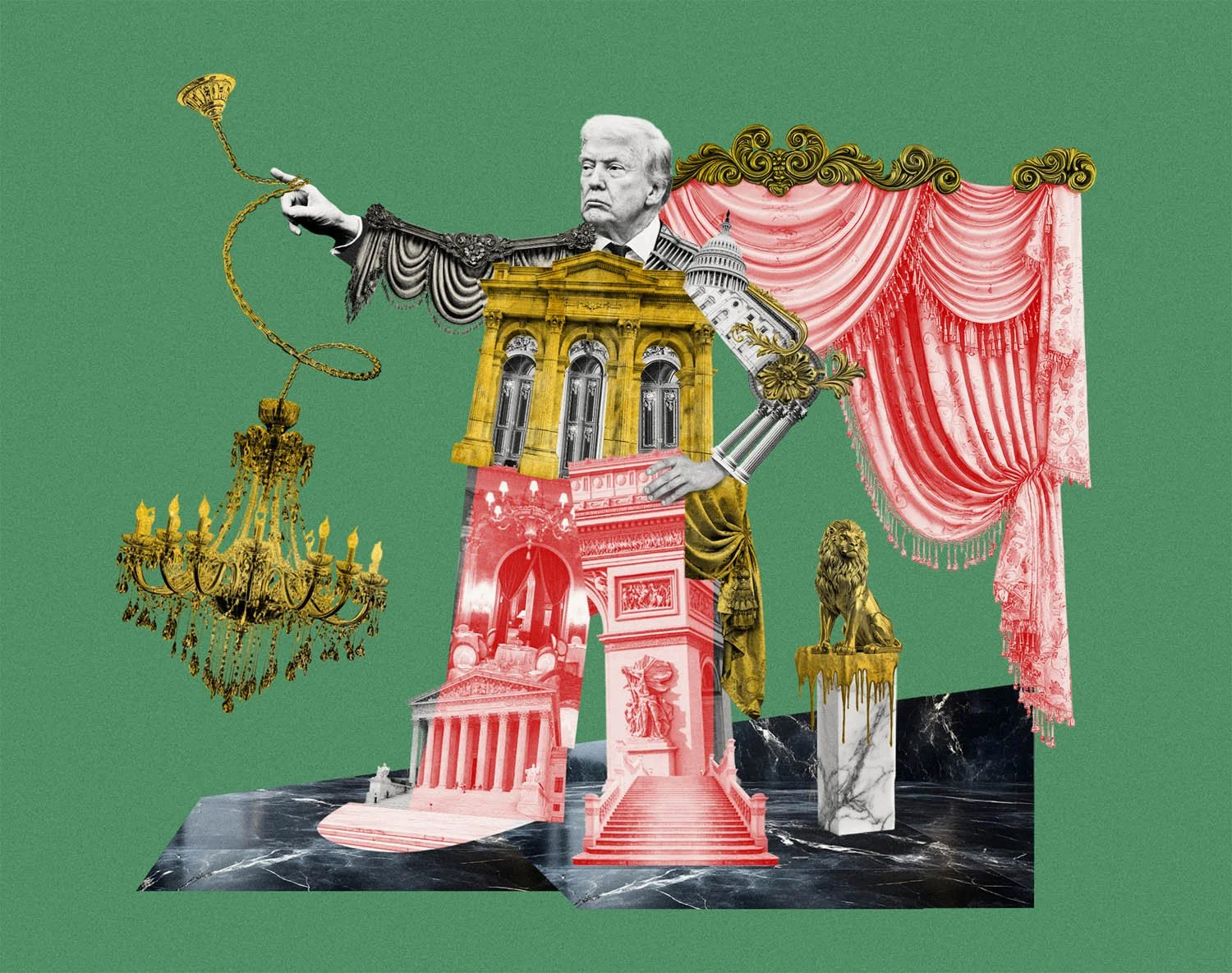 Collage illustration by artists Gibson Kochanek commissioned for The New Statesman for an article about 'Buildings of beauty in the time of Trump'