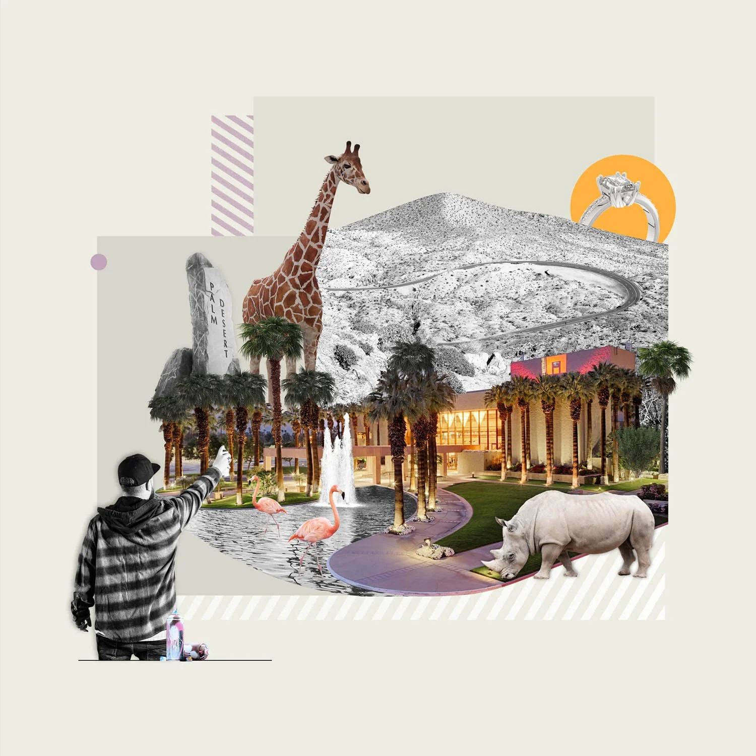 Collage illustration by artists Gibson Kochanek commissioned by Palm Springs Magazine about Coachella Valley.