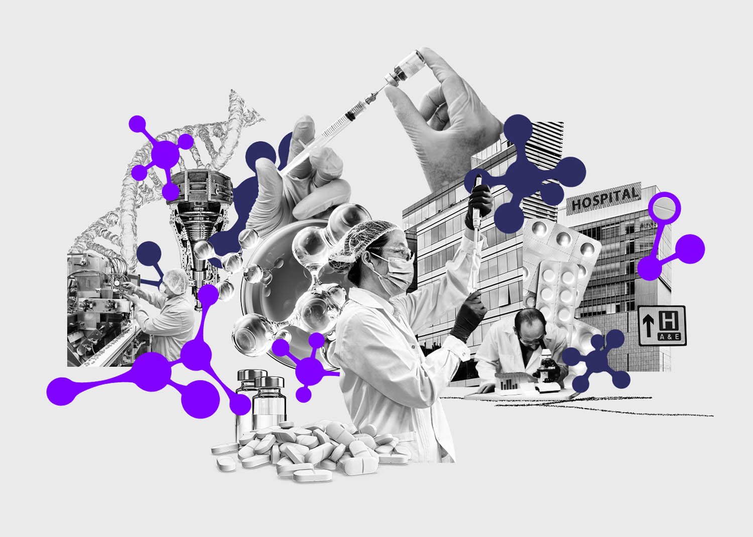 Collage illustration by artists Gibson Kochanek commissioned by UK Research and Innovation, for an article on delivering the next decade of research.