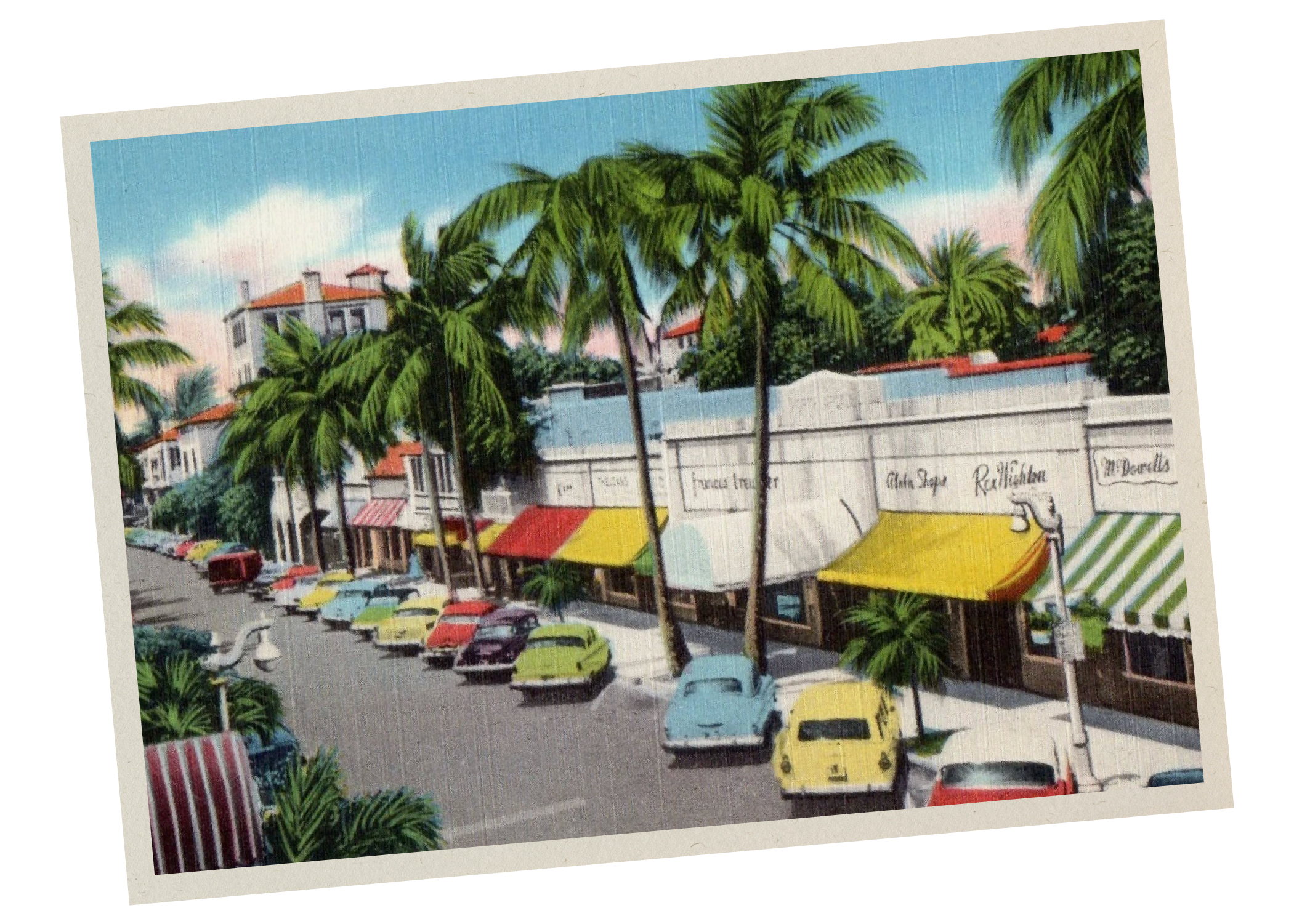 A colorful illustration of a street scene with palm trees, storefronts with striped awnings, and parked cars under a partly cloudy sky.