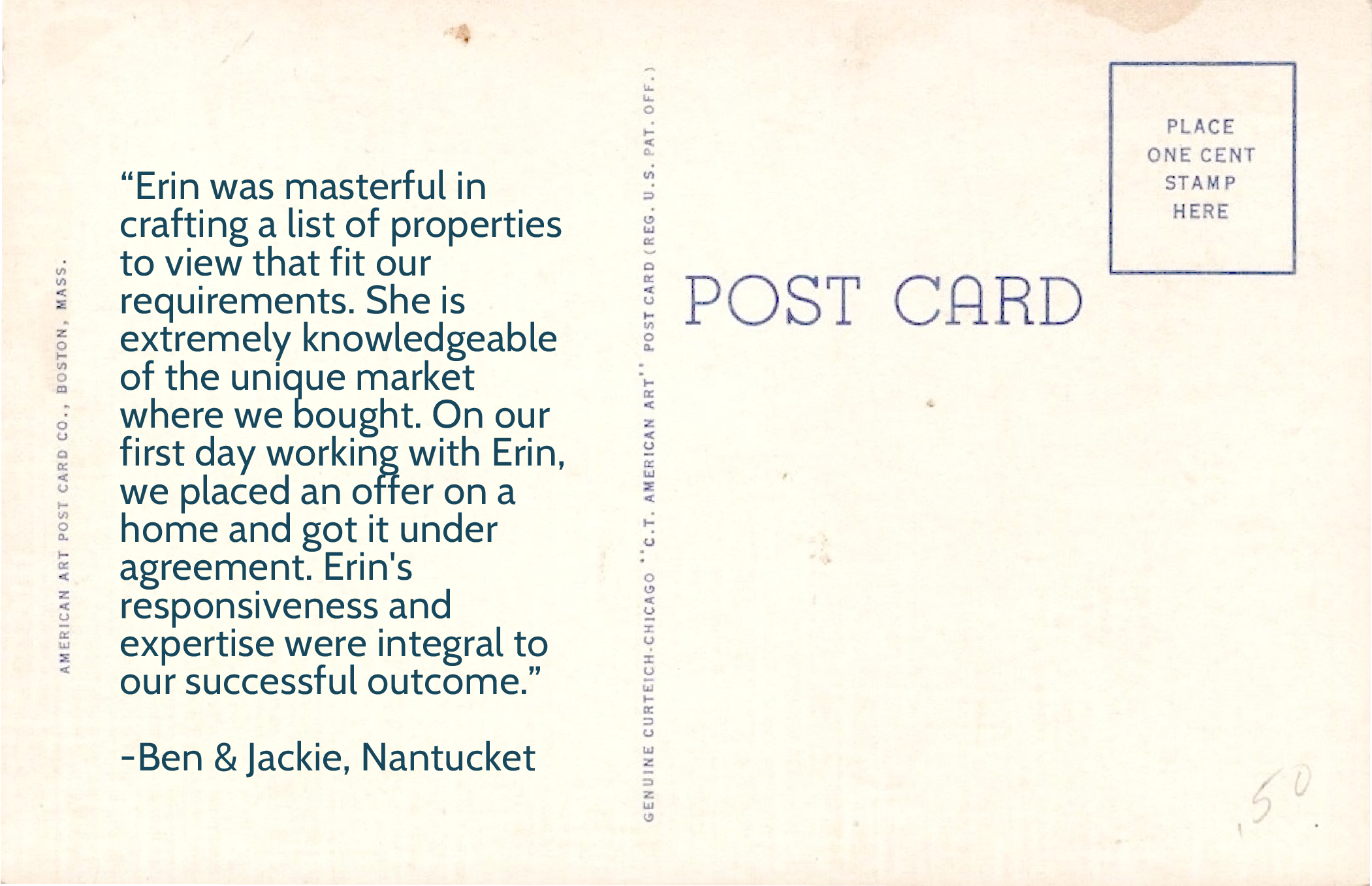 Back of a vintage postcard with handwritten message on the left and a space for the stamp on the right. The handwritten message mentions someone named Erin. The address area has a box for a one-cent stamp.