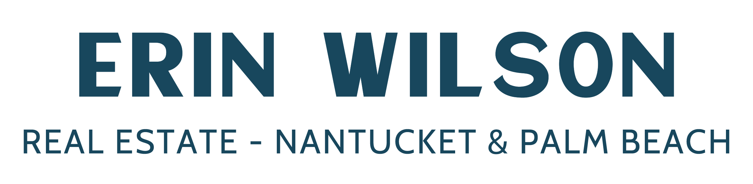 Logo for Erin Wilson Real Estate, featuring blue text on a white background that says 'ERIN WILSON' in large font and 'REAL ESTATE - NANTUCKET & PALM BEACH' in smaller font.