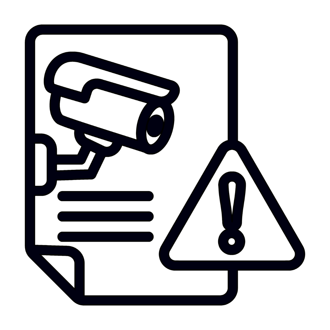 Outline of a document with a camera icon and a warning triangle with an exclamation mark.