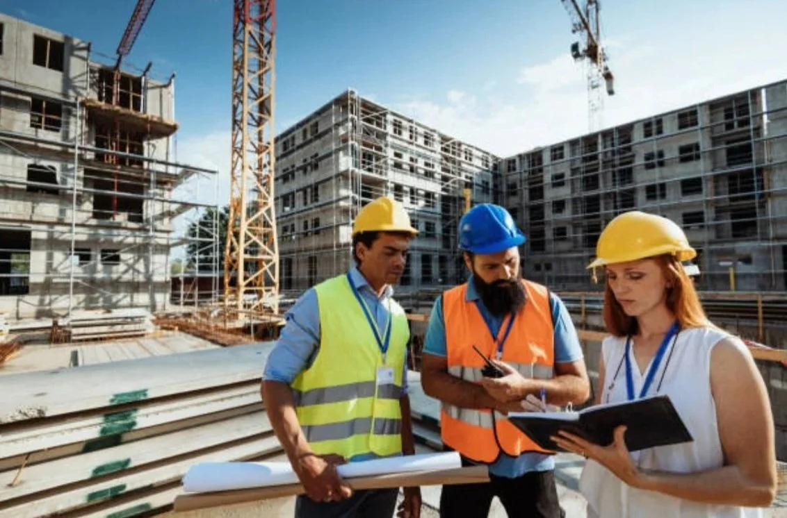 Three construction workers wearing safety helmets and vests at a building site, reviewing plans and documents with scaffolding and structures in the background.