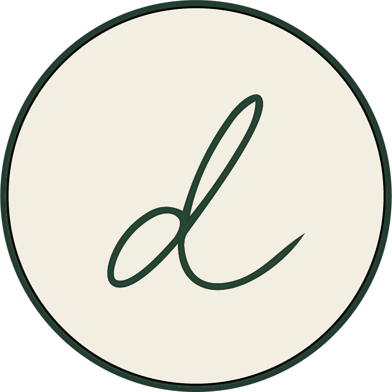 A circular logo with a cream background and a stylized cursive letter 'd' in the center, outlined in dark green.