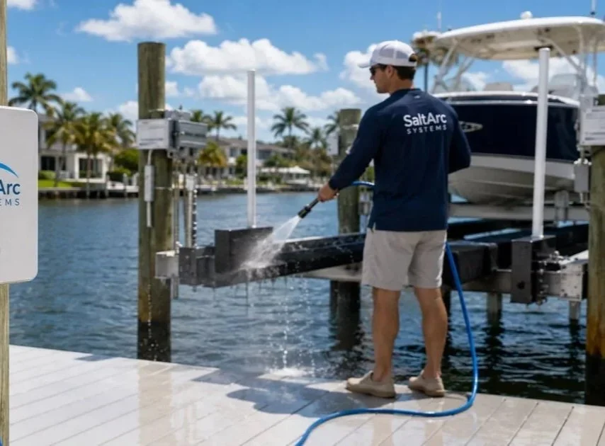 Person rinsing a residential boat lift beside a mounted dock-side rinse system.