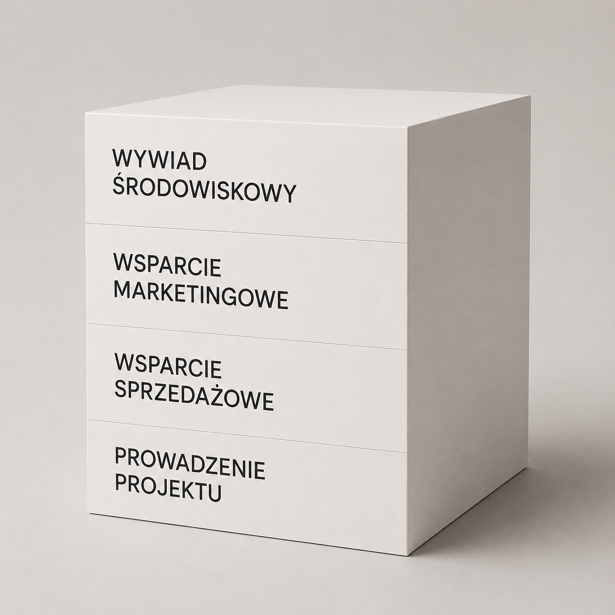 A white block with four sections of Polish text related to environmental and marketing support services.