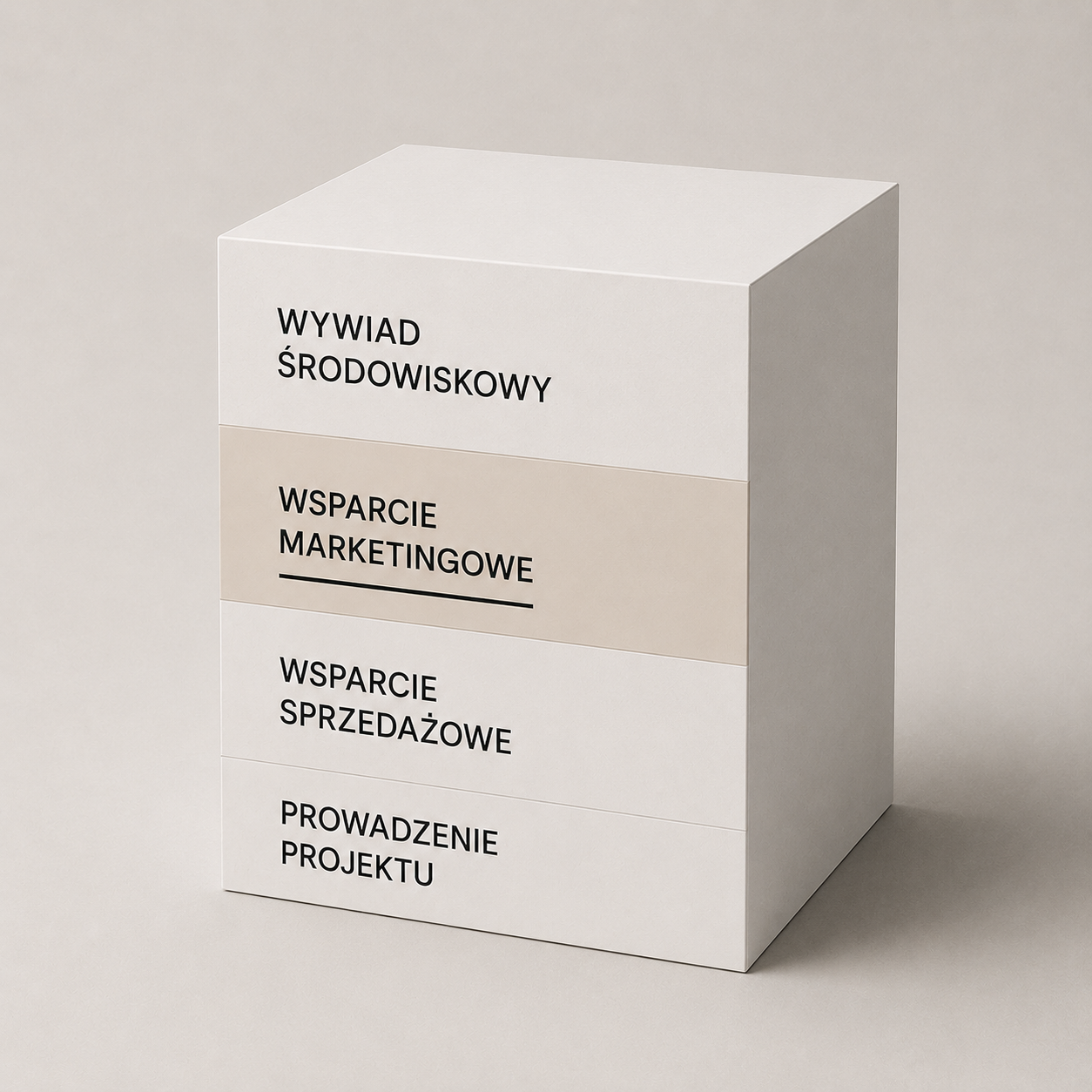 White box with black text listing services in Polish, including environmental interview, marketing support, sales support, and project management.