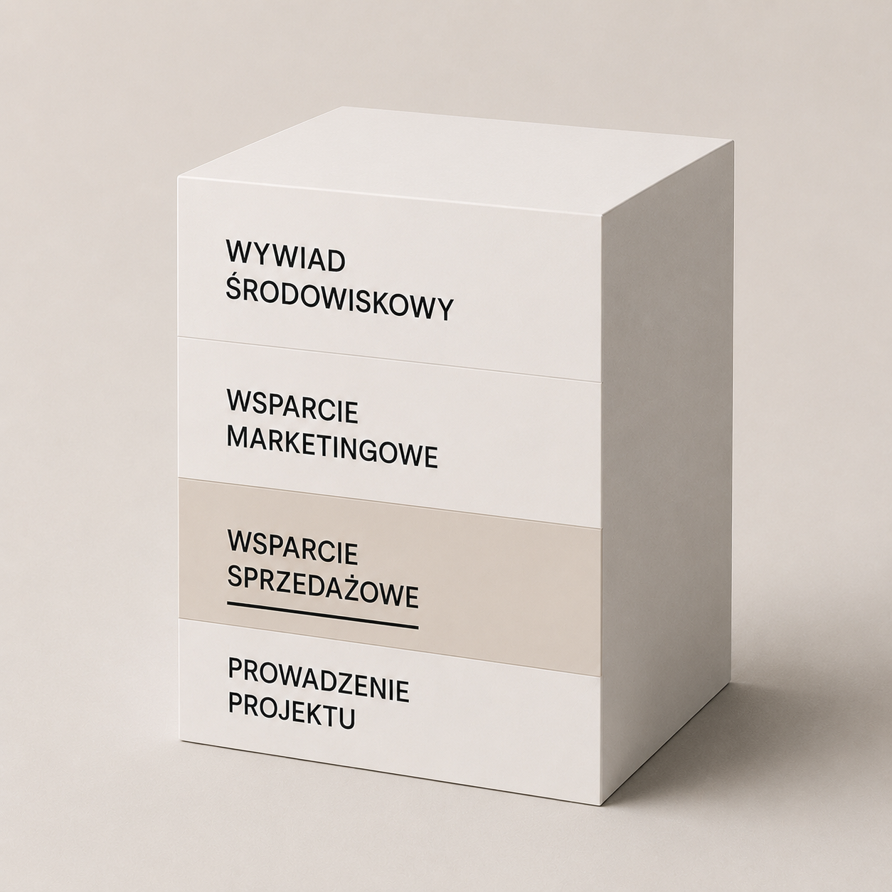 White 3D box with four sections labeled in Polish, related to environmental interview, marketing support, sales support, and project management.