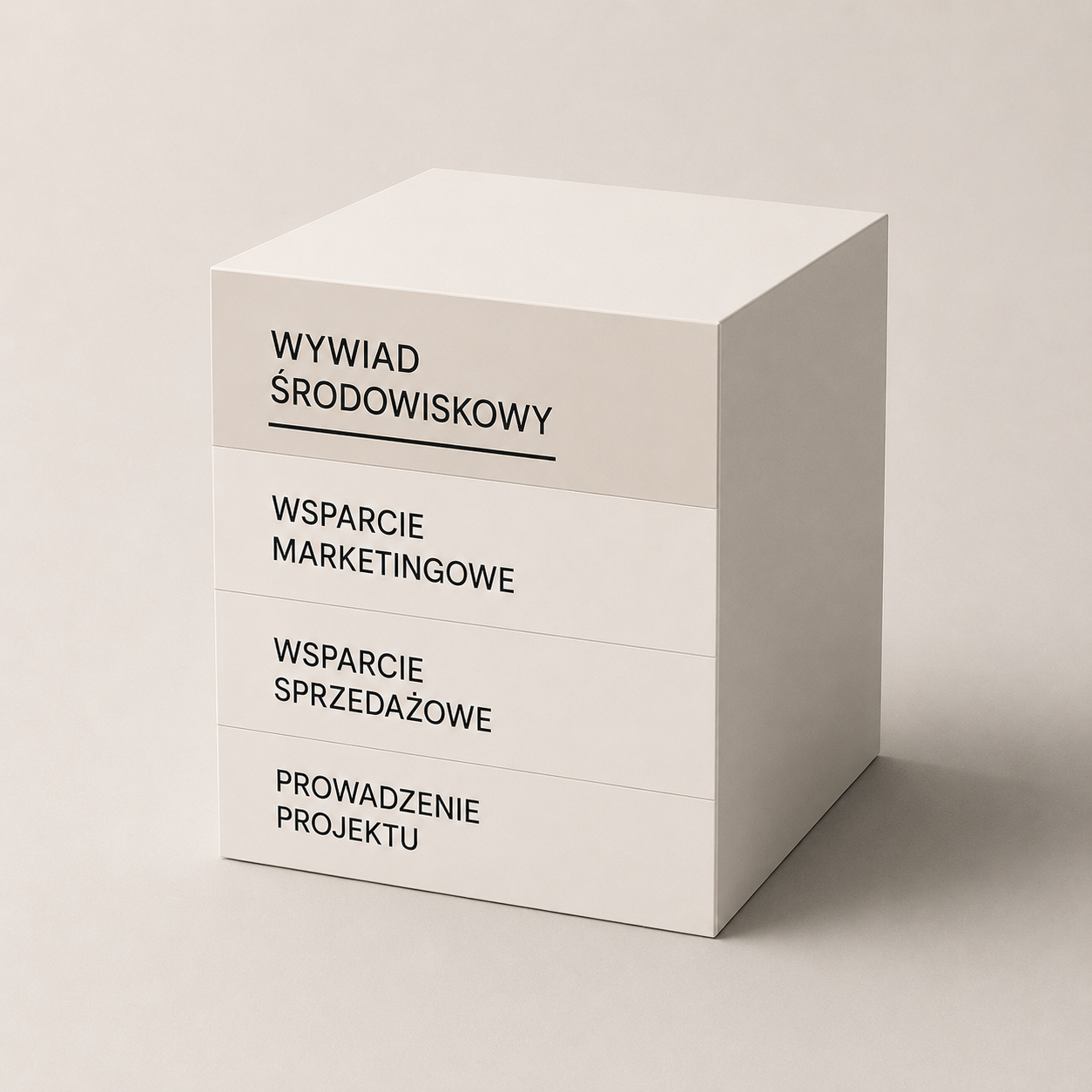 White box with black text in Polish listing environmental and marketing support services, including environmental review, marketing support, sales support, and project management.