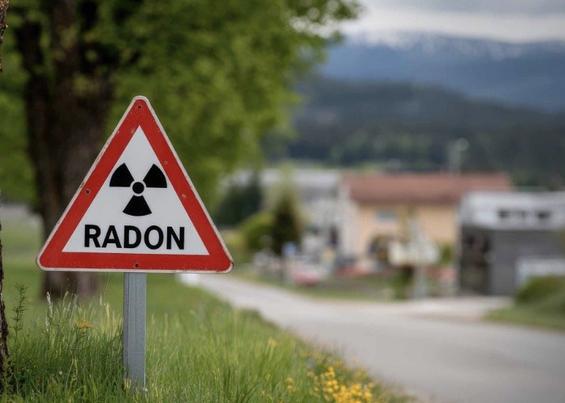 Warning sign with radioactive symbol and the word 'RADON' on a grassy roadside with blurred houses and trees in the background.
