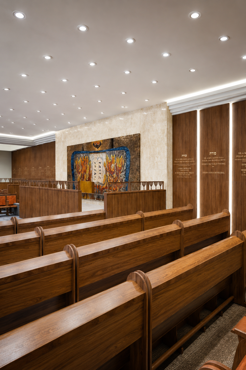 Empty wooden pews in a spacious, well-lit room with artwork and inscriptions on the walls.