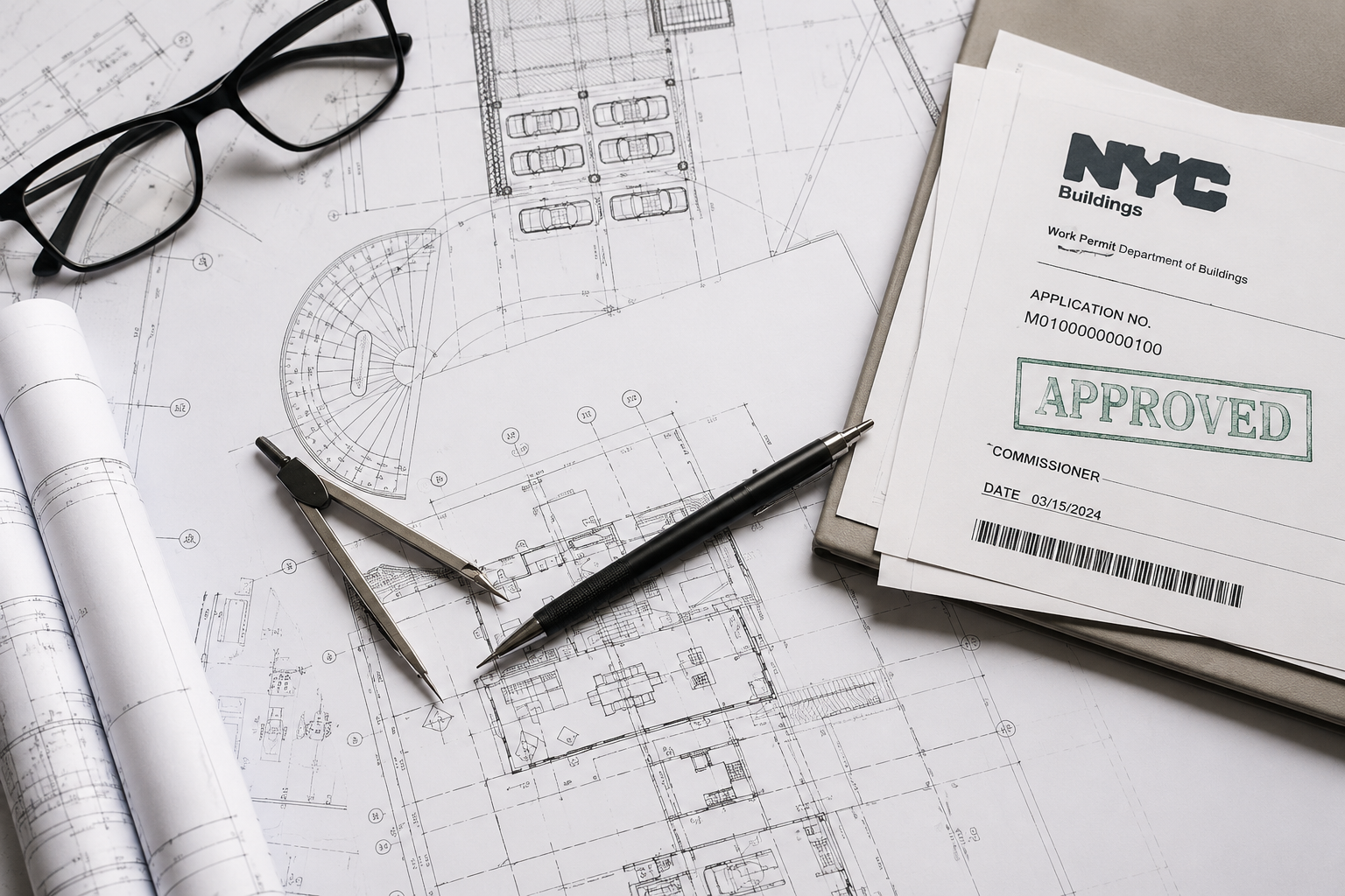 Architectural blueprints and plans with a pair of glasses, a pen, and a clipboard showing an approval form from NYC Department of Buildings.