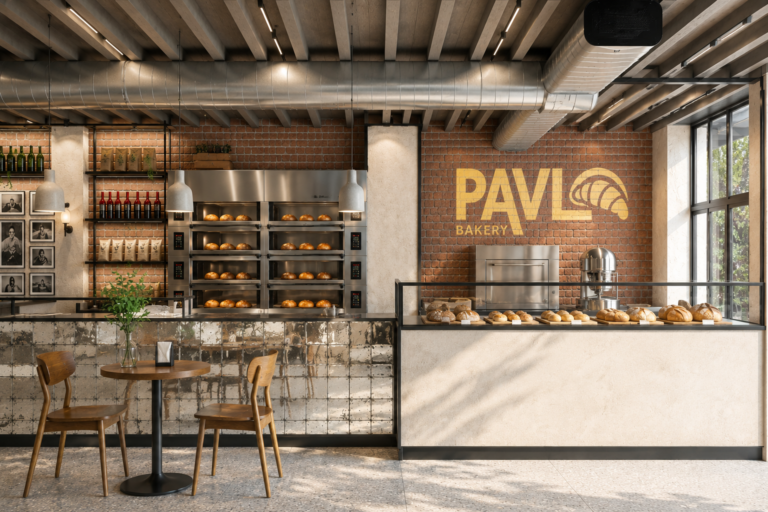 Interior Design of Pavlo Bakery with shelves of bread, a table with chairs and a vase, bakery equipment, counter and a brick wall with the bakery's logo.