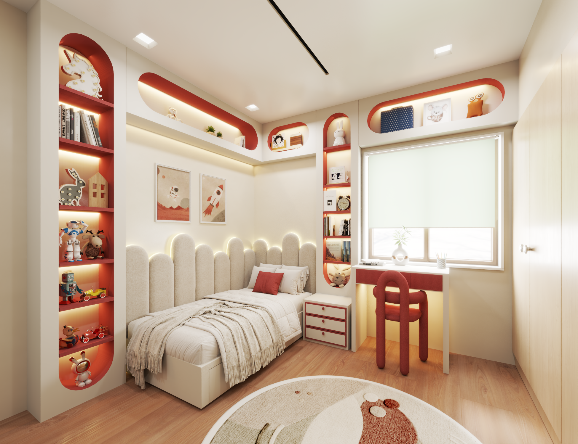 Interior Design of a private house in Mill Basin, Brooklyn. Children's bedroom with a bed, white and red furniture, built-in red and white wall shelves with toys and books, a window with a white roller shade, and wall art posters.