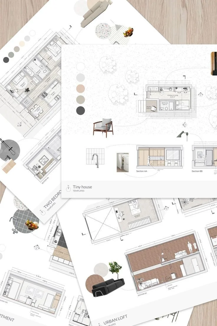 Architectural blueprints and interior design plans for a tiny house, with sketches of rooms, furniture, and color palettes.